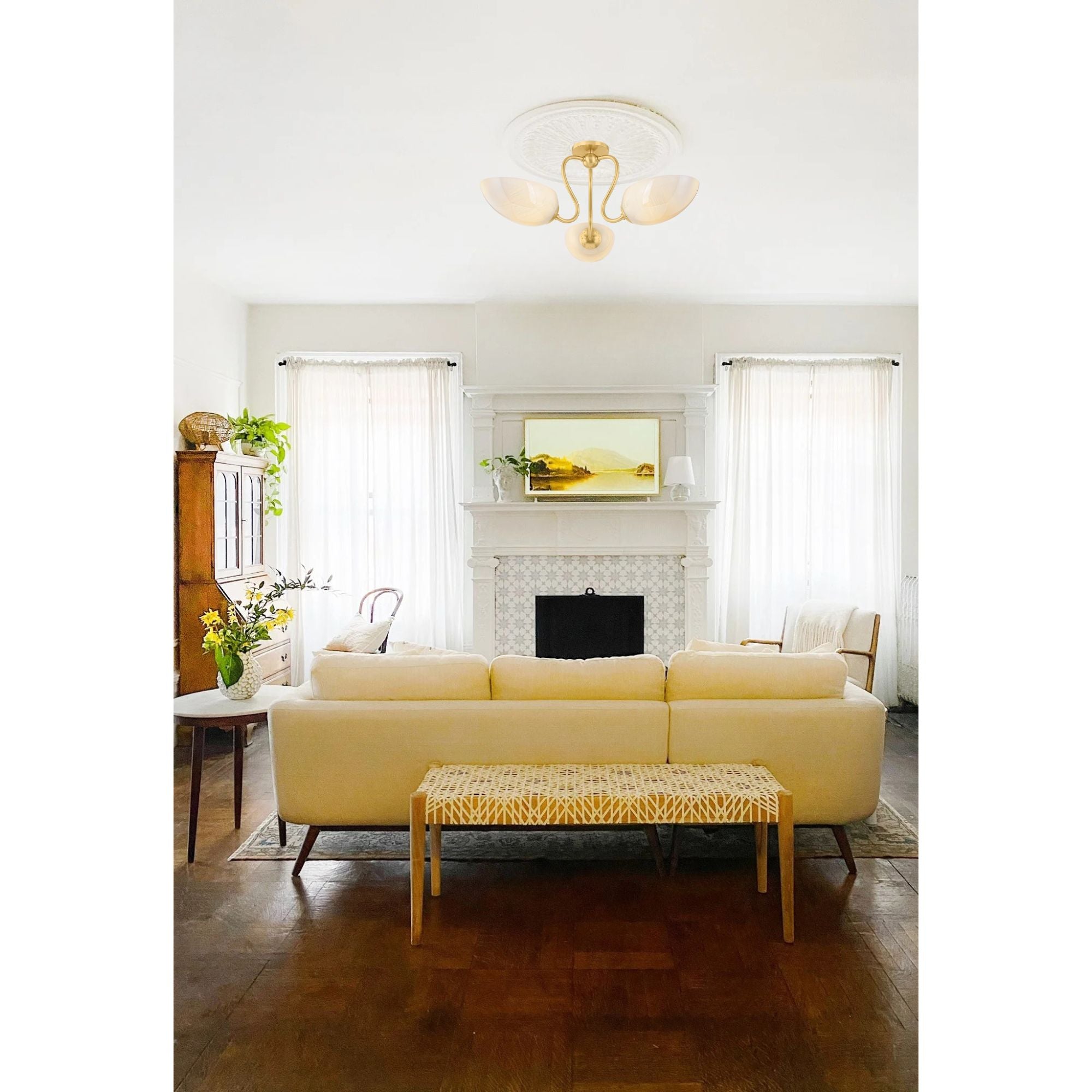 Reva 28" 3-Light Semi Flush Mount, Aged Brass Finish