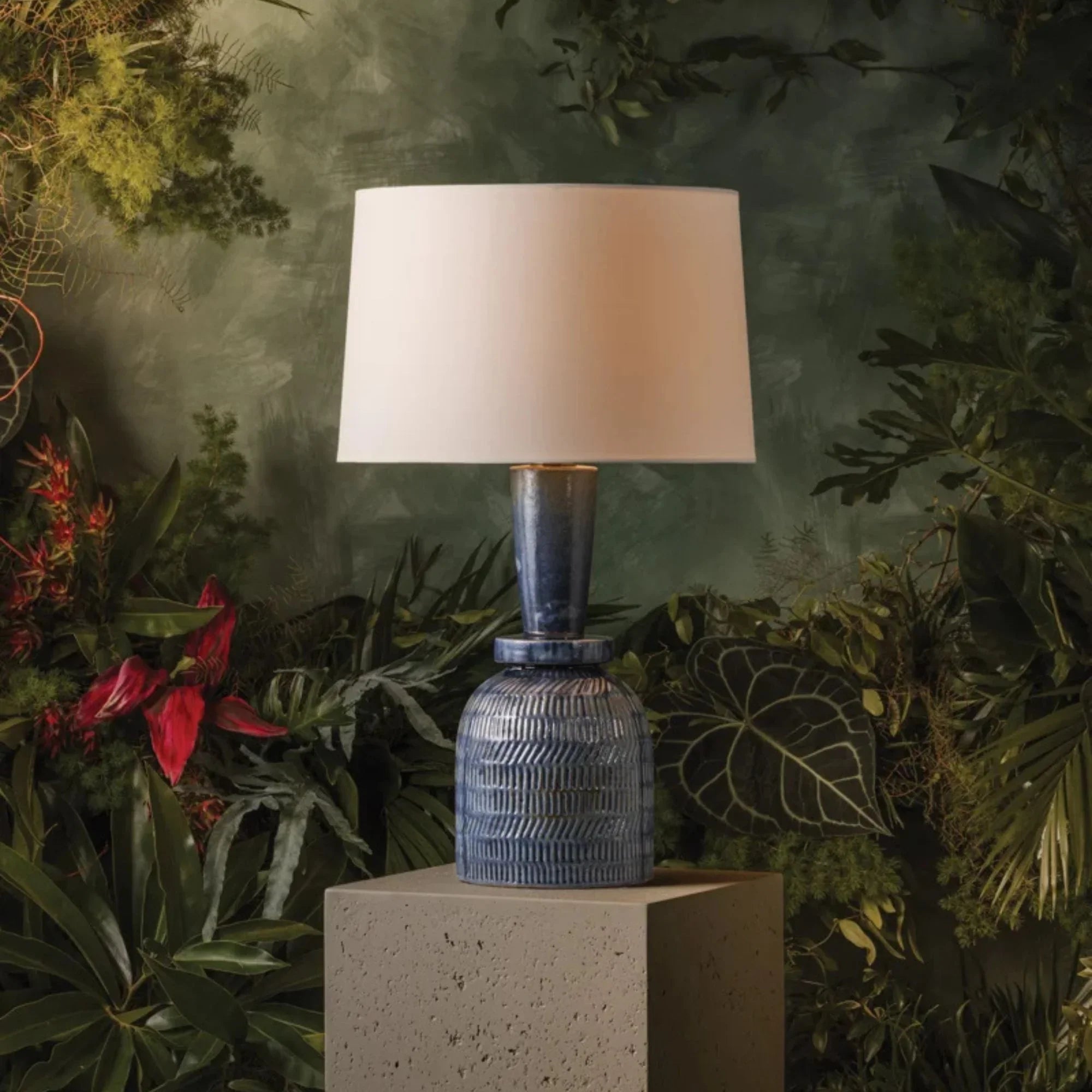 Russo 28" Table Lamp, Aged Brass/Ceramic Washed Cobalt Finish