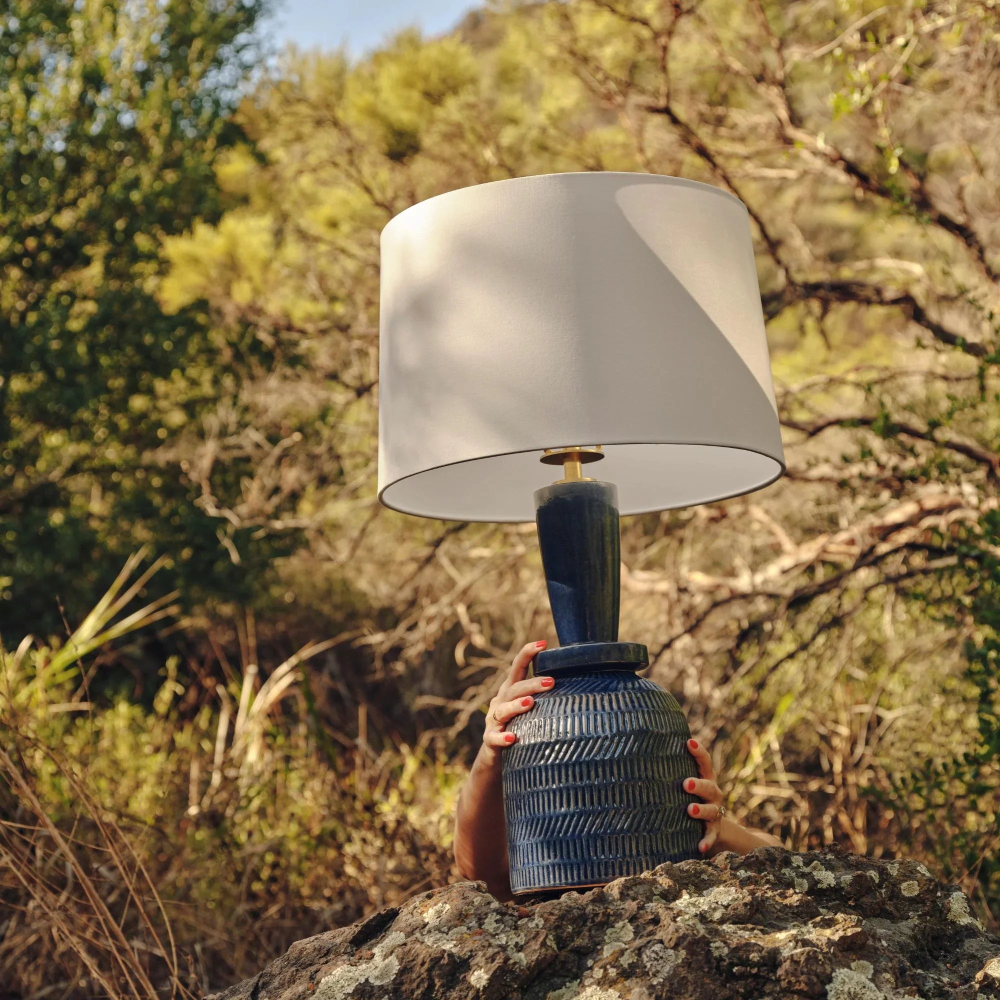 Russo 28" Table Lamp, Aged Brass/Ceramic Washed Cobalt Finish