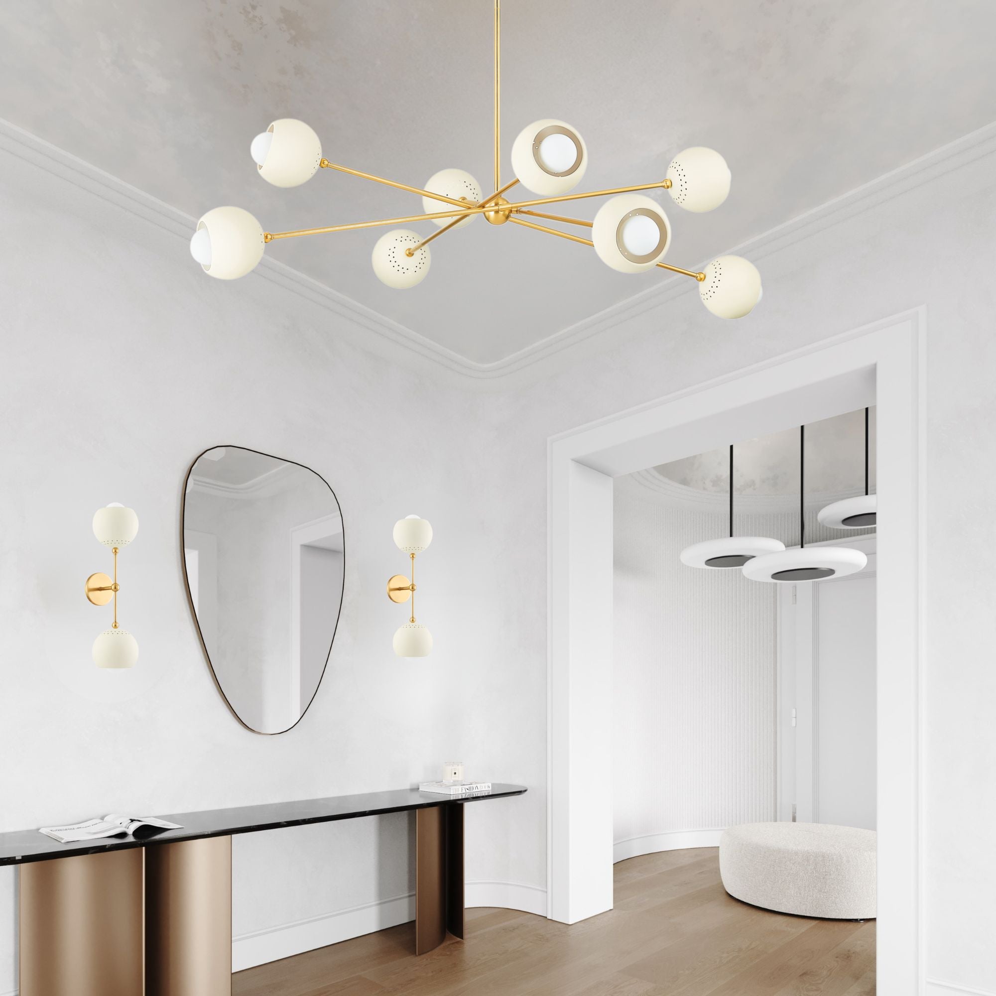 Saylor 54" 8-Light Chandelier, Aged Brass/Soft Cream Finish