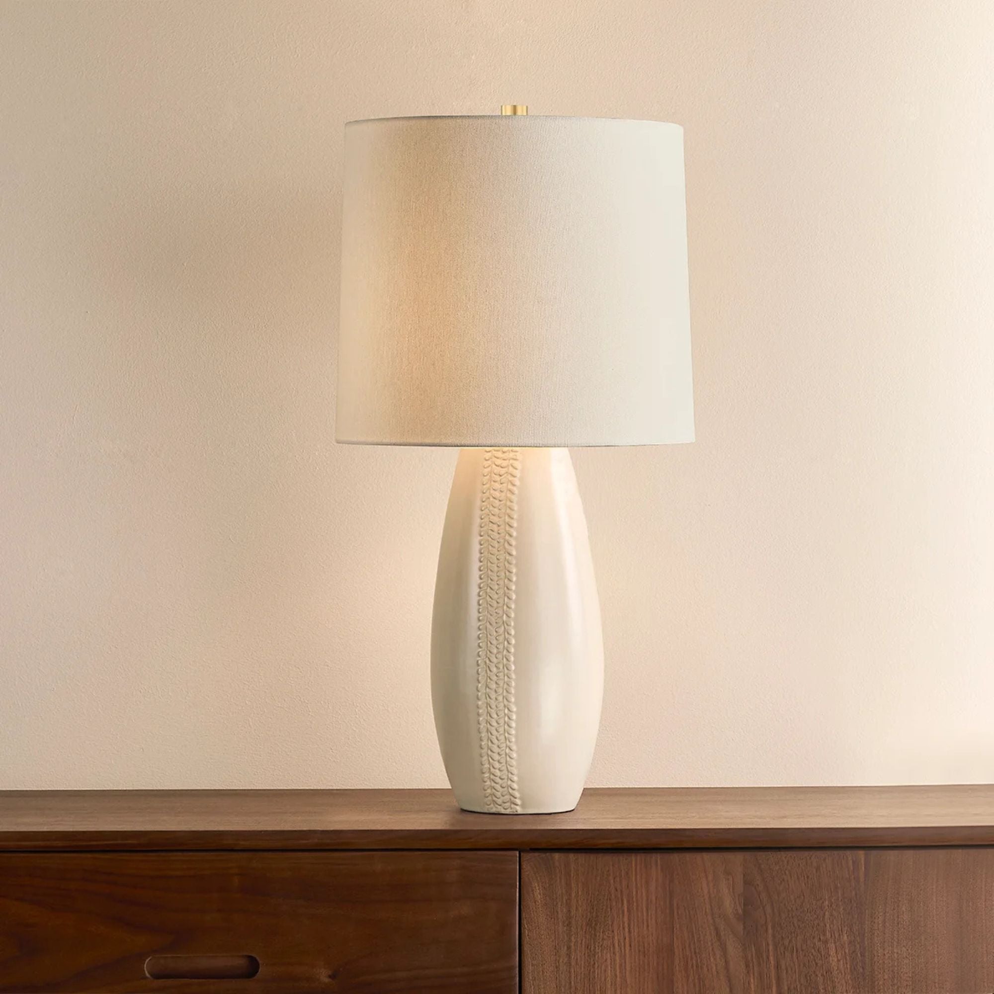 Mitzi Shavani 26.5 in. Table Lamp, Aged Brass with Ceramic Honeydew & Off White Linen Shade