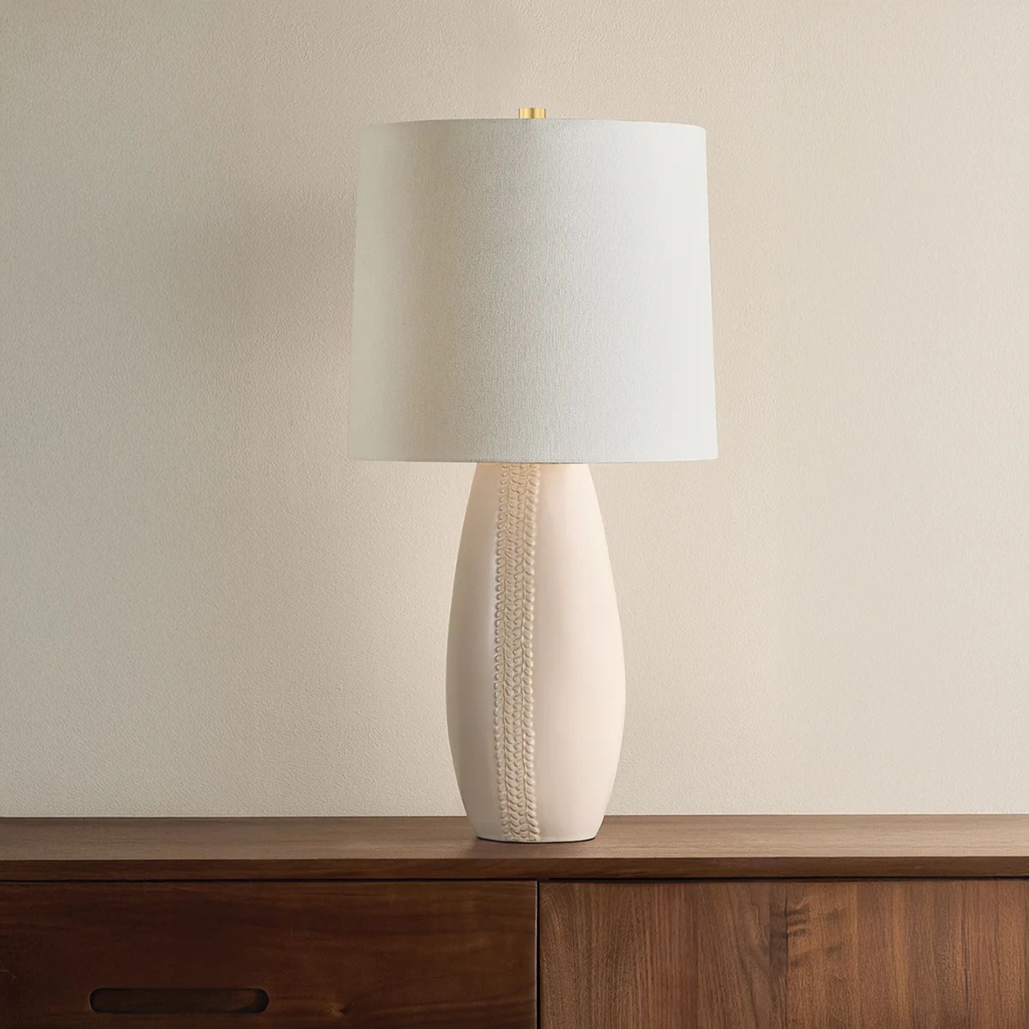 Mitzi Shavani 26.5 in. Table Lamp, Aged Brass with Ceramic Honeydew & Off White Linen Shade