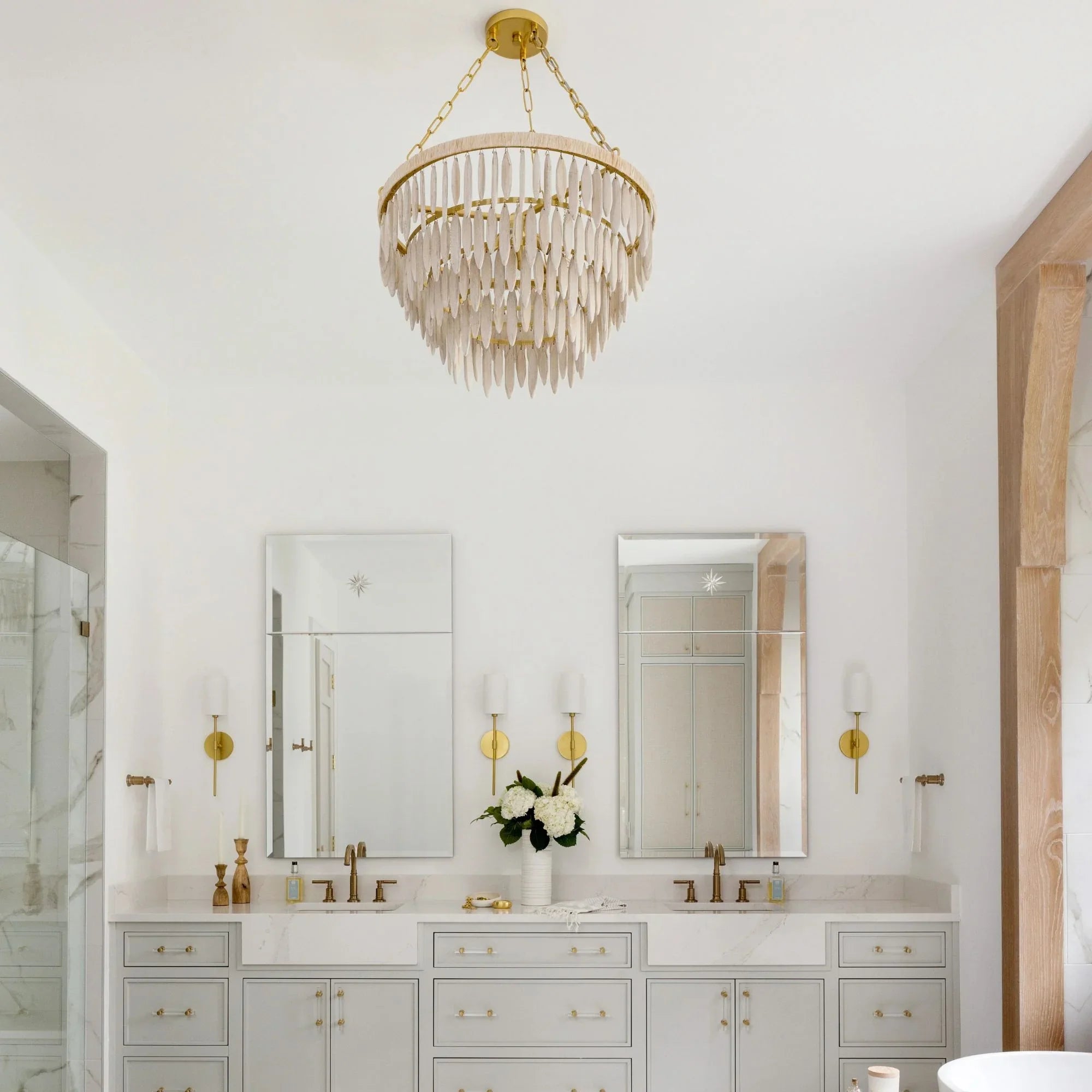 Mitzi - Tiffany 36" 4-Light Chandelier, Aged Brass/Textured Cream Finish | Bees Lighting