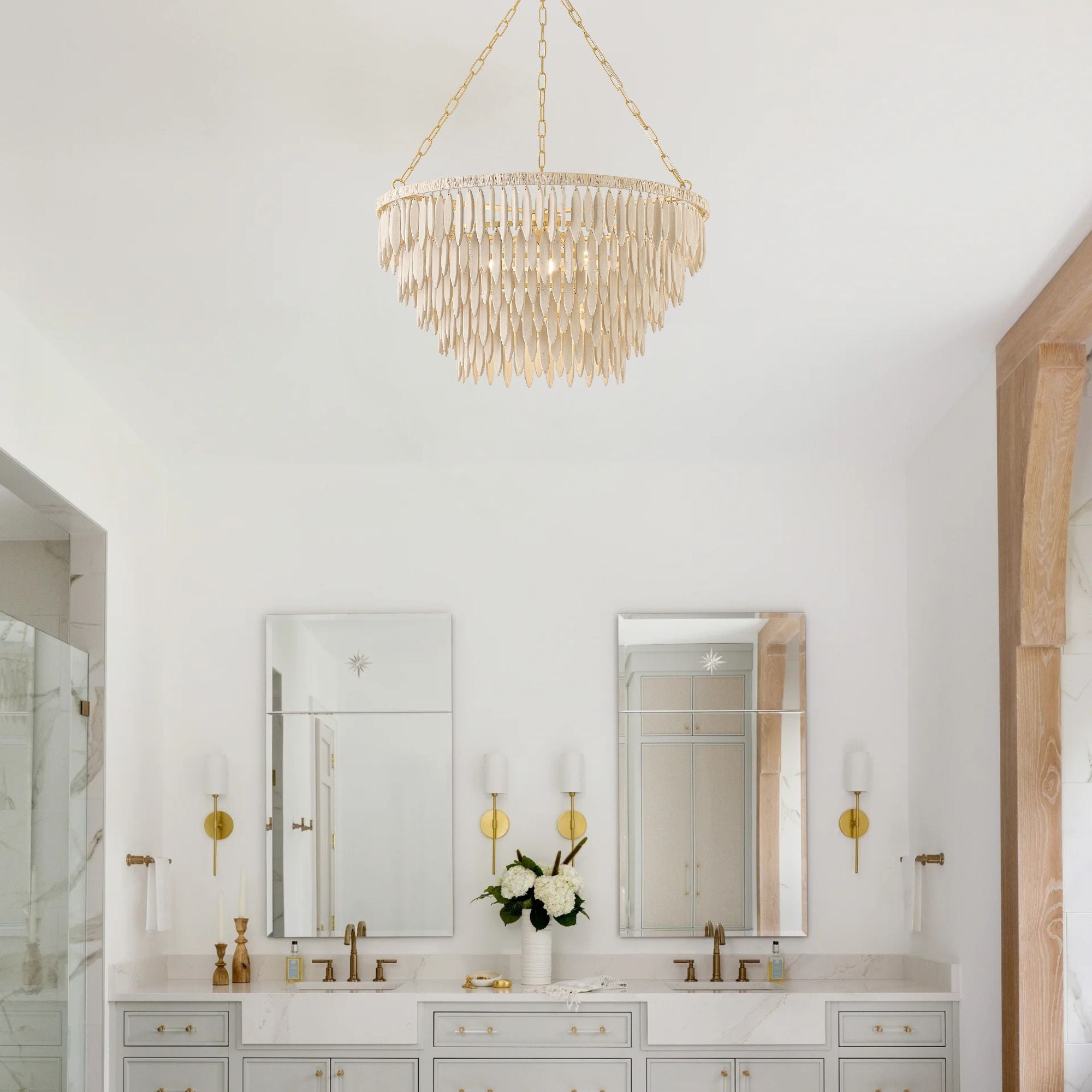 Mitzi Tiffany 31.5in 5-Light Chandelier, Aged Brass with Whitewashed Wood Beads