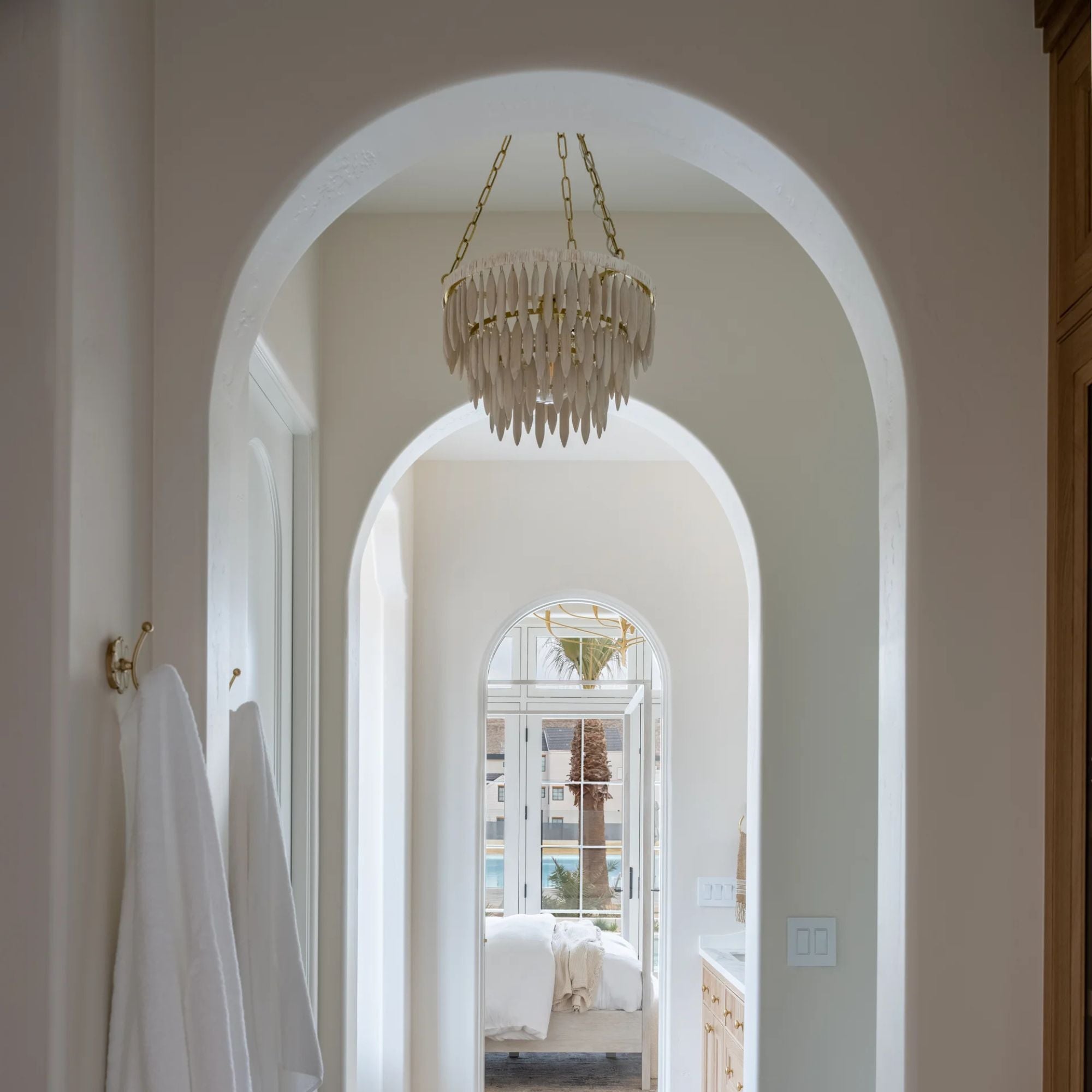 Tiffany 38" Pendant, Aged Brass/Textured Cream Finish