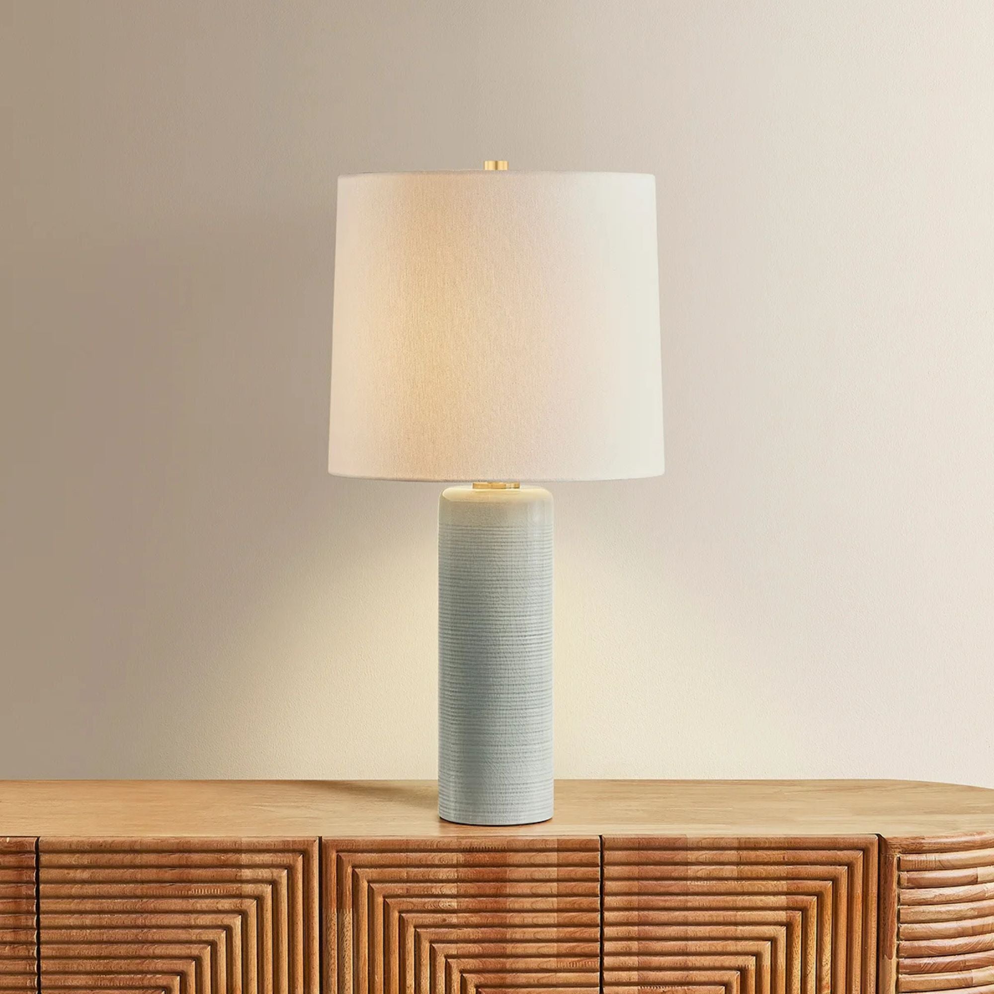 Mitzi Tuva 24.5 in. Table Lamp, Aged Brass & Ceramic Silver Lake with Off White Linen Drum Shade