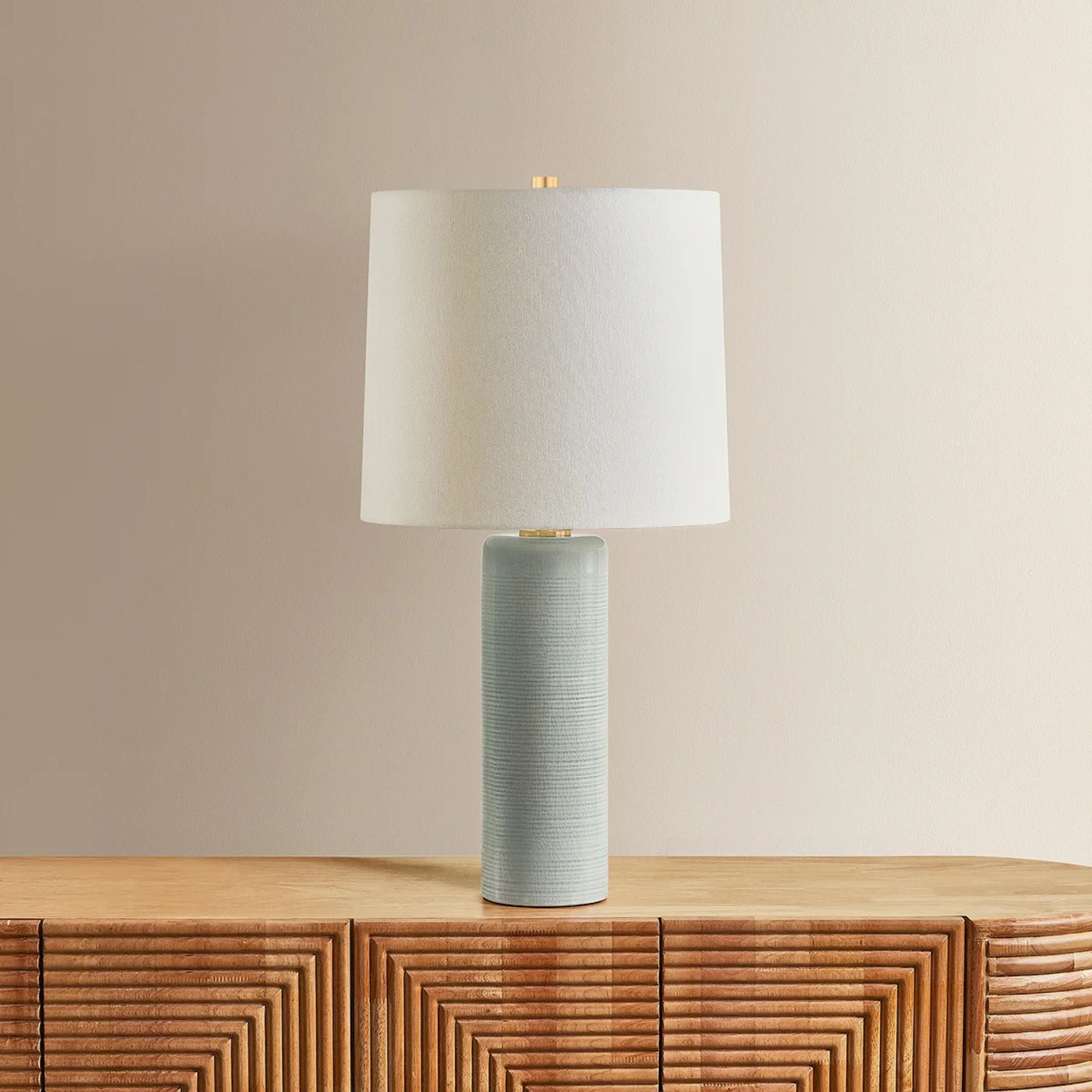 Mitzi Tuva 24.5 in. Table Lamp, Aged Brass & Ceramic Silver Lake with Off White Linen Drum Shade