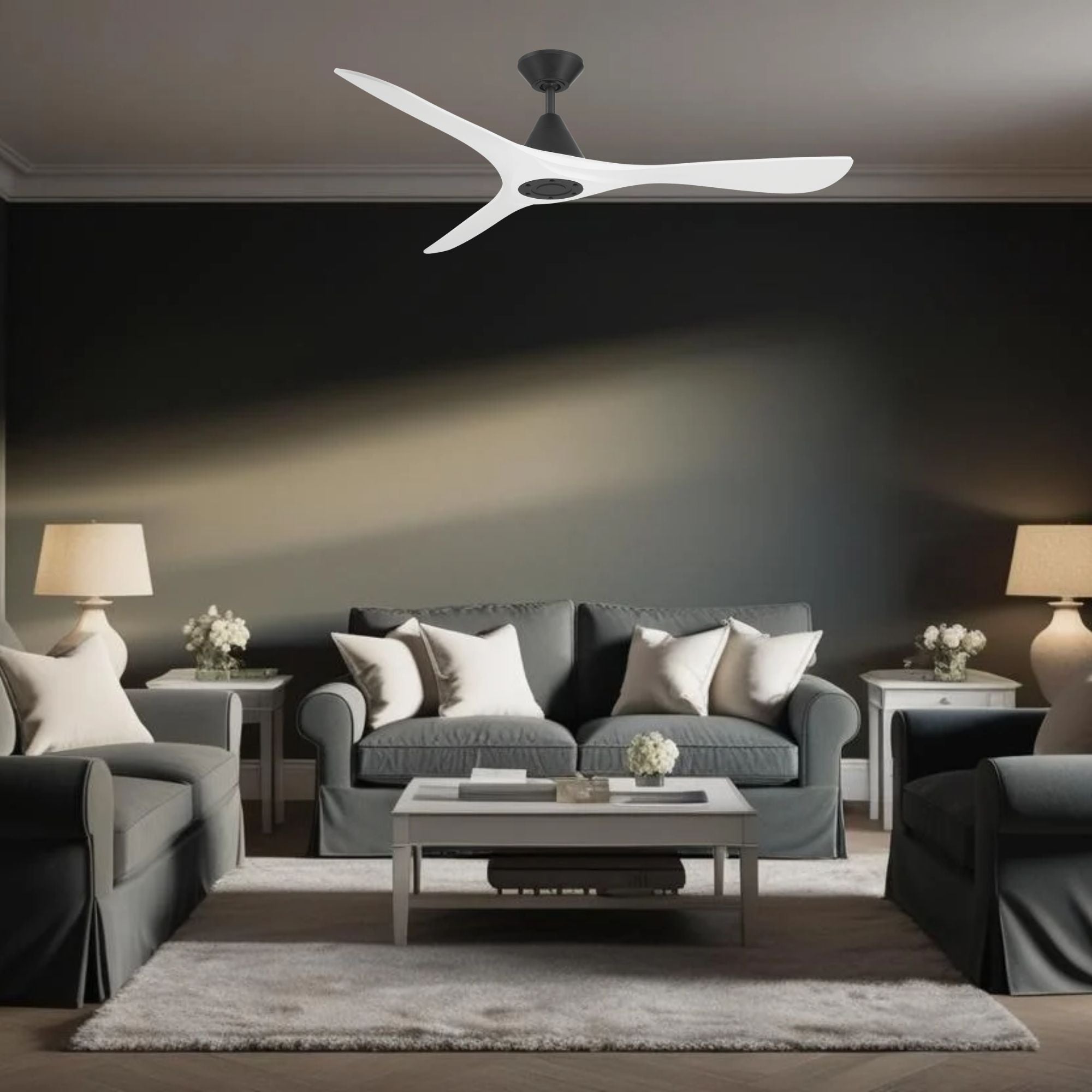 Carve 60" Smart Ceiling Fan, Matte Black with Matte White Blades