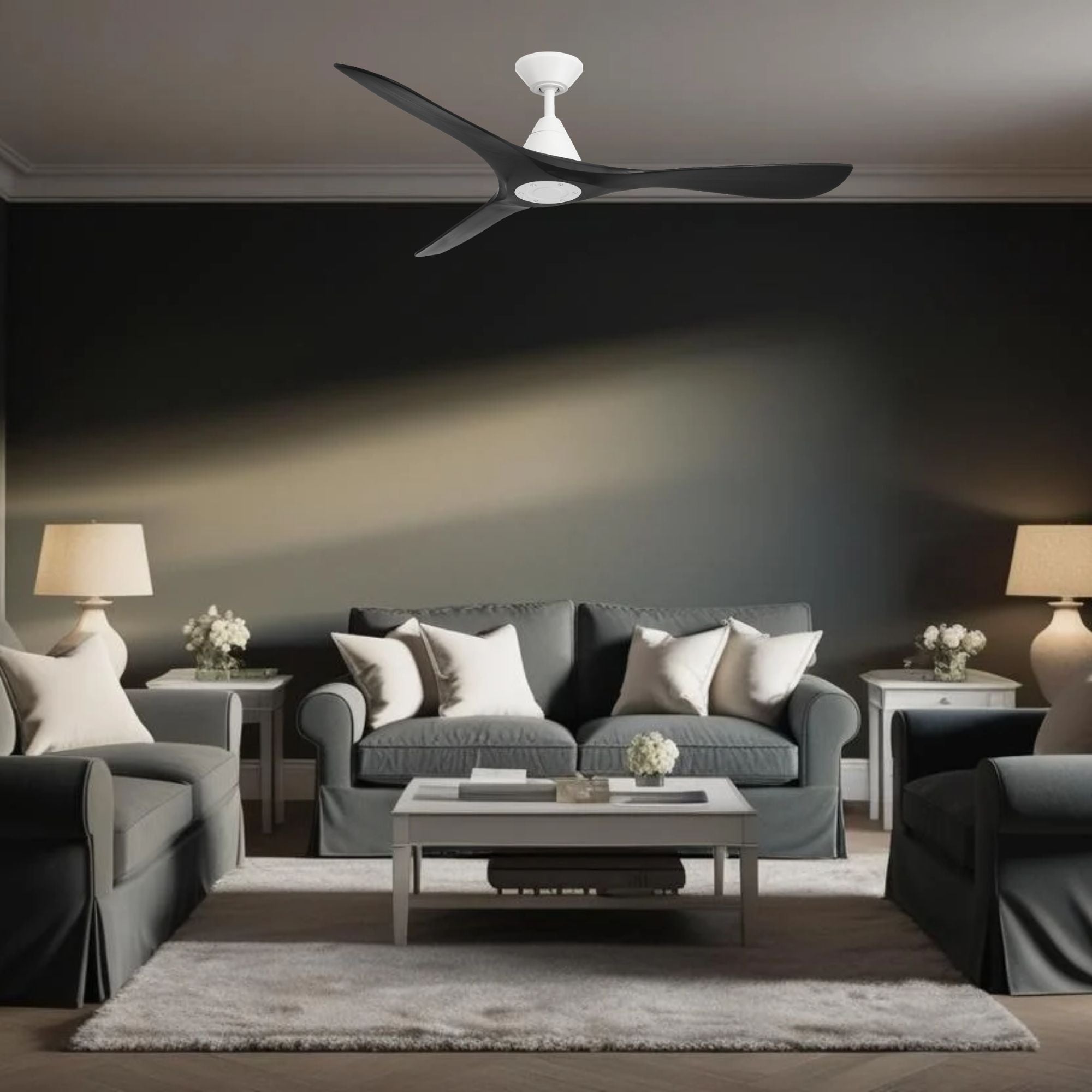 Carve 60" Smart Ceiling Fan, Matte White with Matte Black Blades