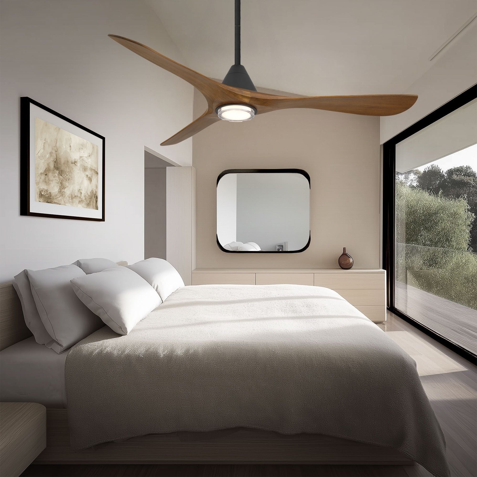 Carve 60" LED Smart Ceiling Fan, Matte Black with Distressed Koa Blades
