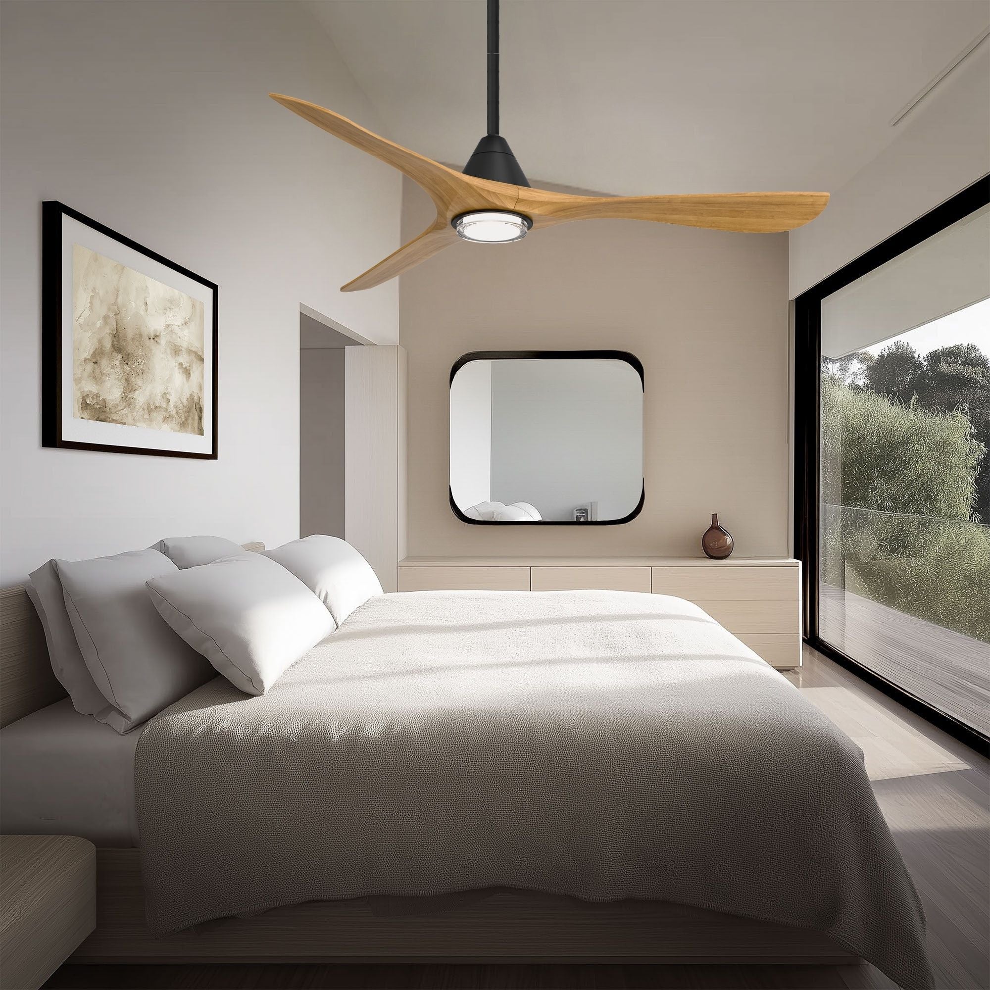 Modern Forms Carve 60" LED Smart Ceiling Fan, Matte Black with Honey Oak Blades