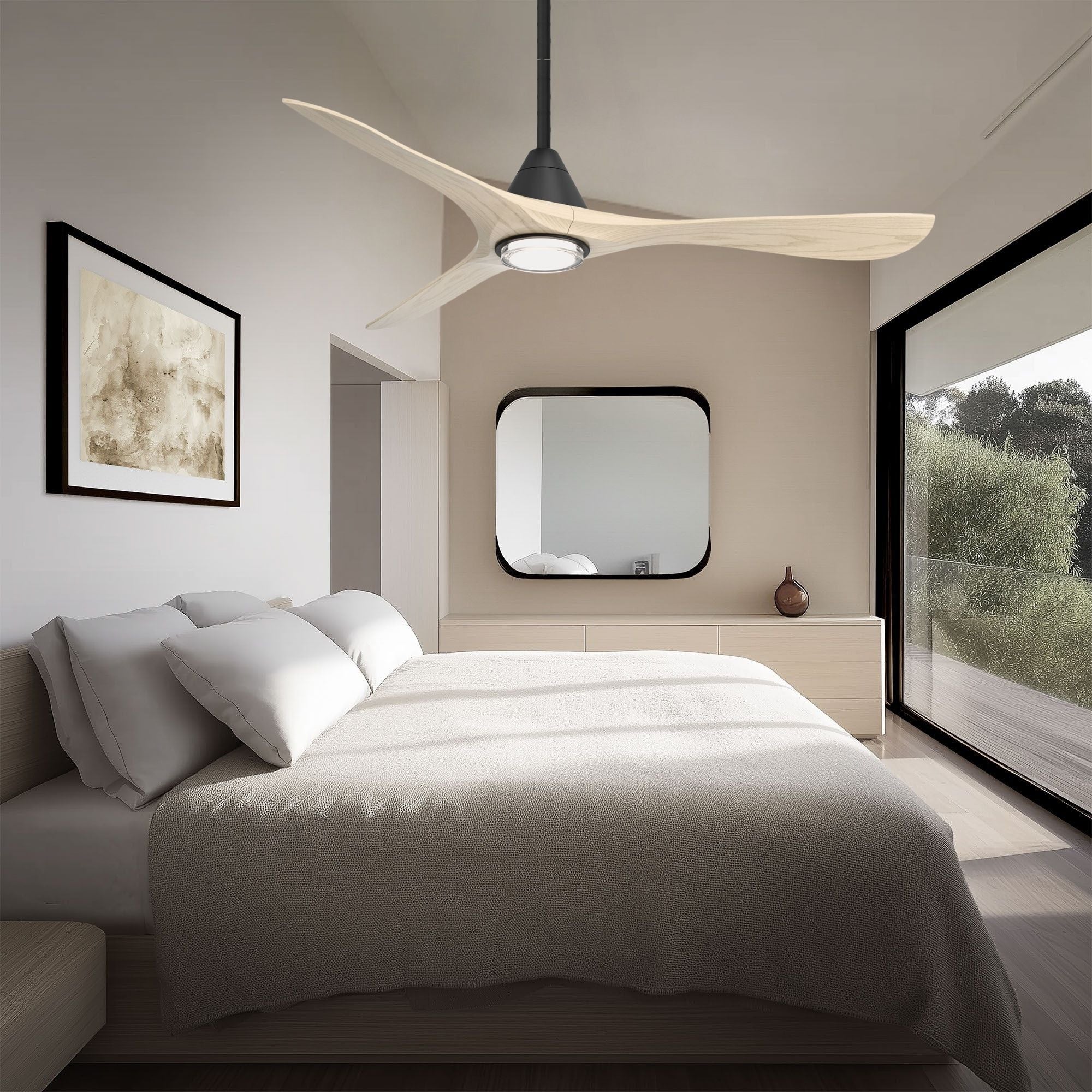 Modern Forms Carve 60" LED Smart Ceiling Fan, Matte Black with White Oak Blades