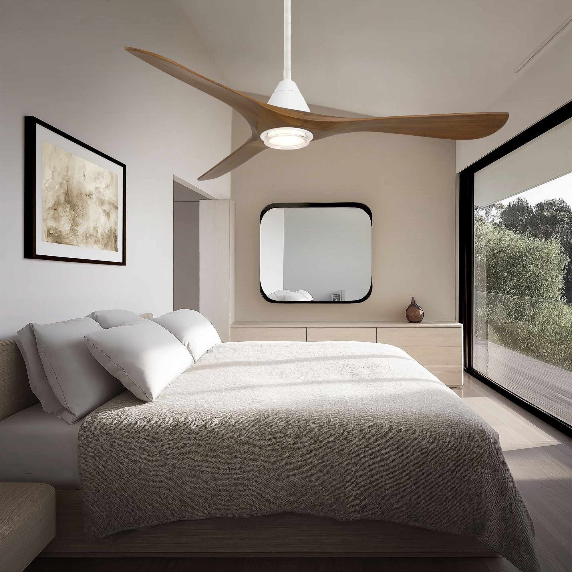 Carve 60" LED Smart Ceiling Fan, Matte White with Distressed Koa Blades