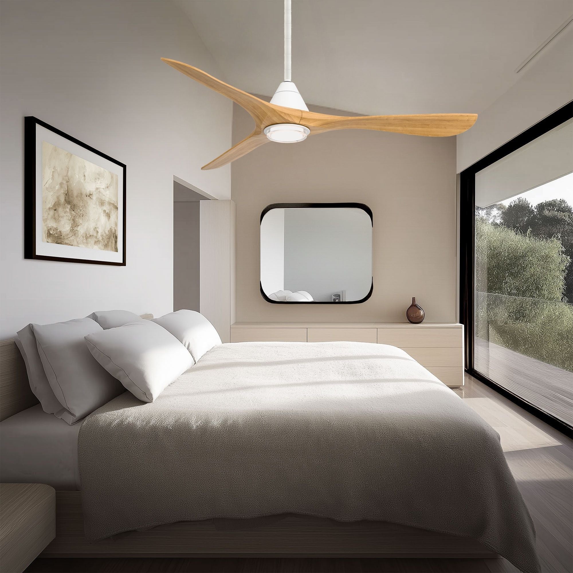 Modern Forms Carve 60" LED Smart Ceiling Fan, Matte White with Honey Oak Blades
