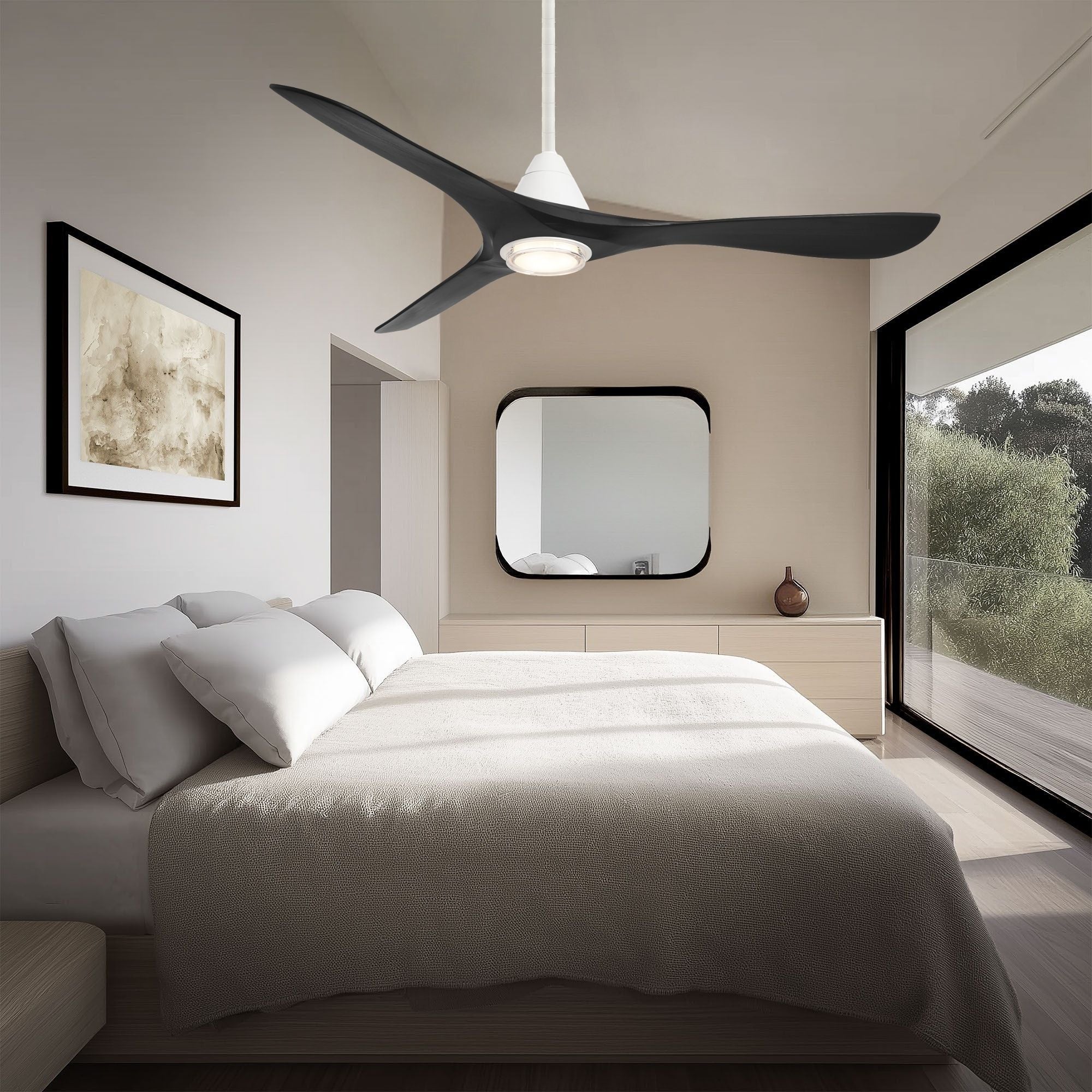 Carve 60" LED Smart Ceiling Fan, Matte White with Matte Black Blades