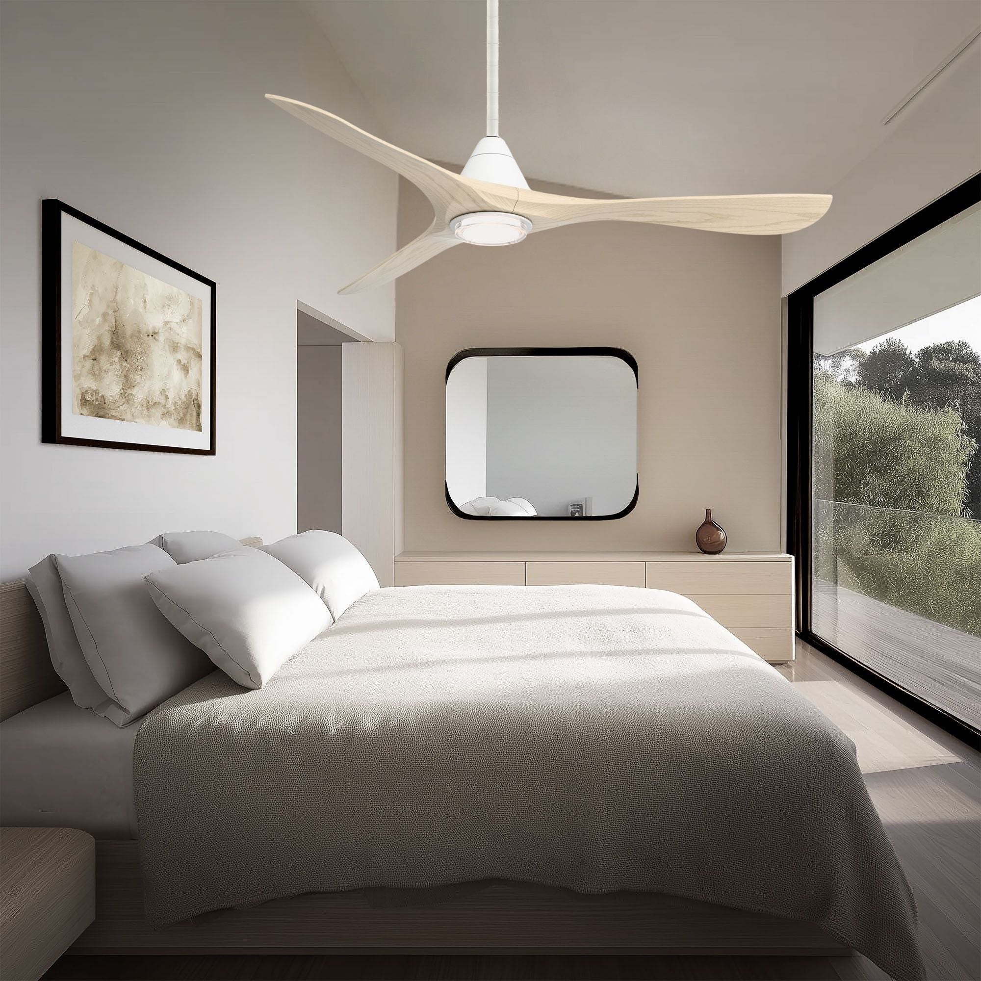 Modern Forms Carve 60" LED Smart Ceiling Fan, Matte White with White Oak Blades