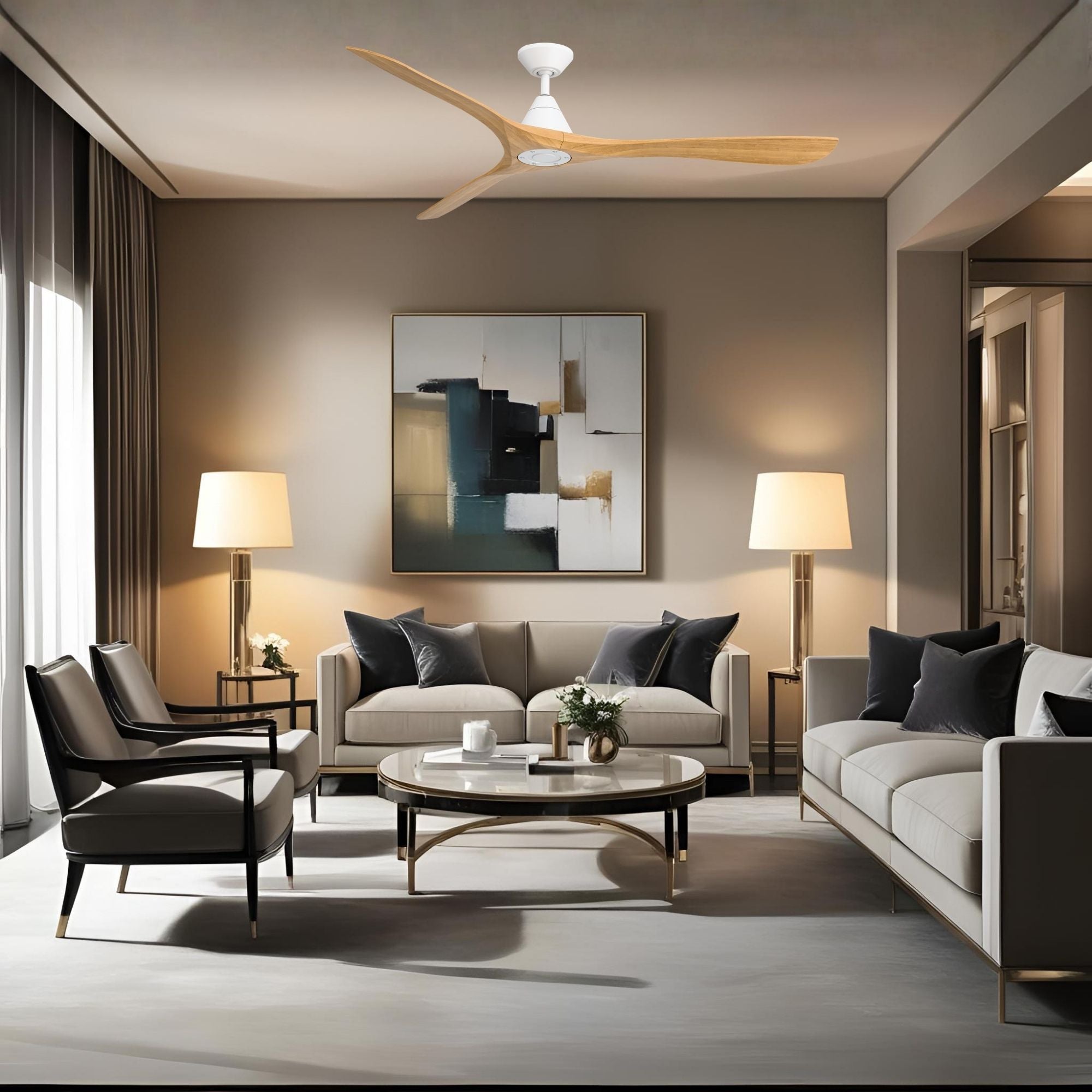 Modern Forms Carve 72" Smart Ceiling Fan, Matte White with Honey Oak Blades