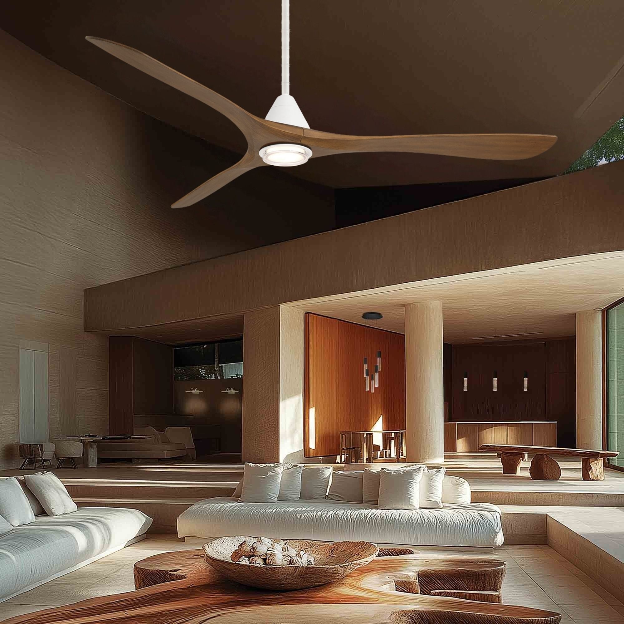 Carve 72" LED Smart Ceiling Fan, Matte White with Distressed Koa Blades