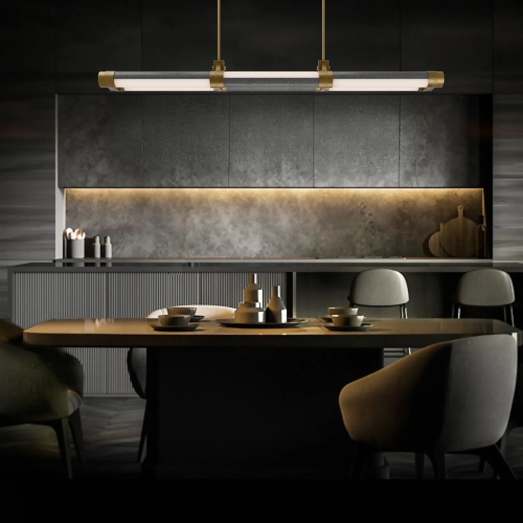 Modern Forms - Catania 48" LED Linear Pendant, 3500K, Bassalt Stone/Aged Brass Finish | Bees Lighting