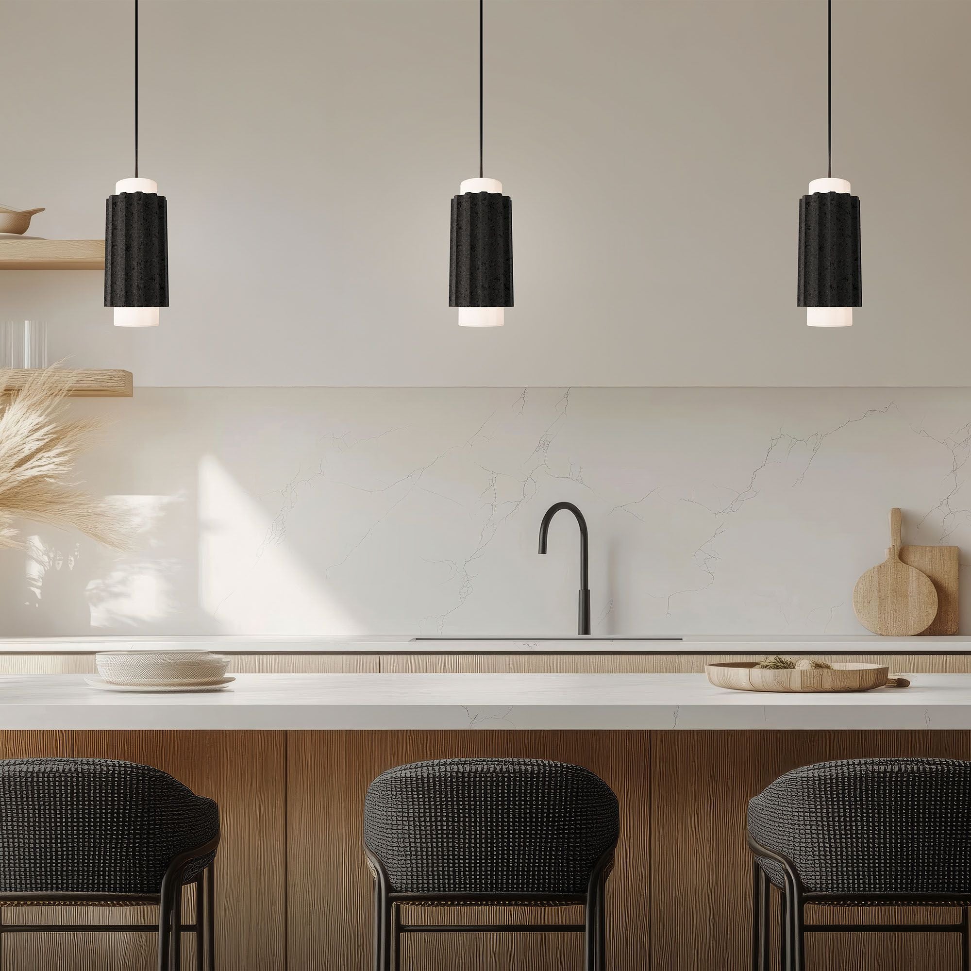 Caviar 16" LED Mini Pendant, 3000K, Bassalt Stone/Black Finish
