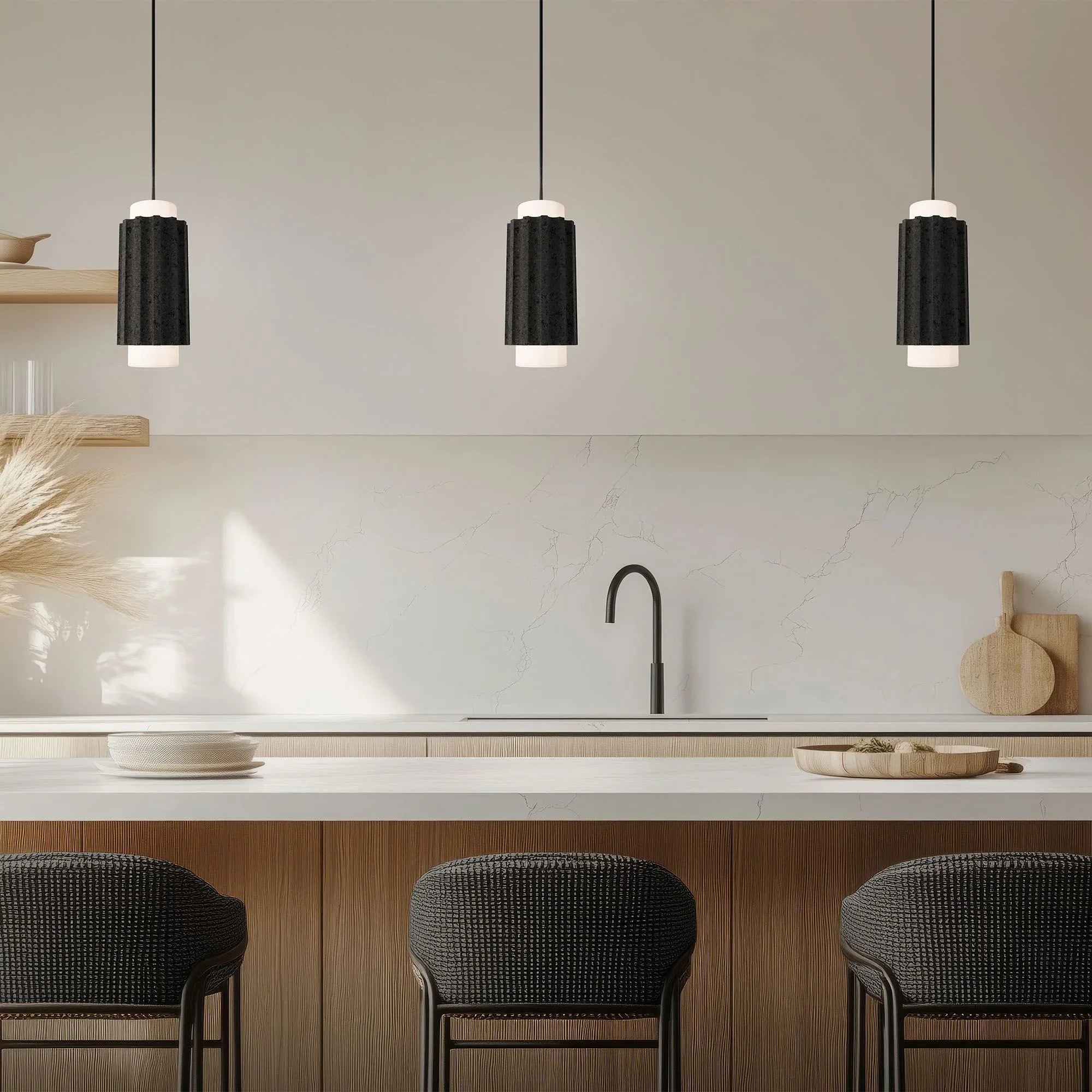 Caviar 16" LED Mini Pendant, 3500K, Bassalt Stone/Black Finish