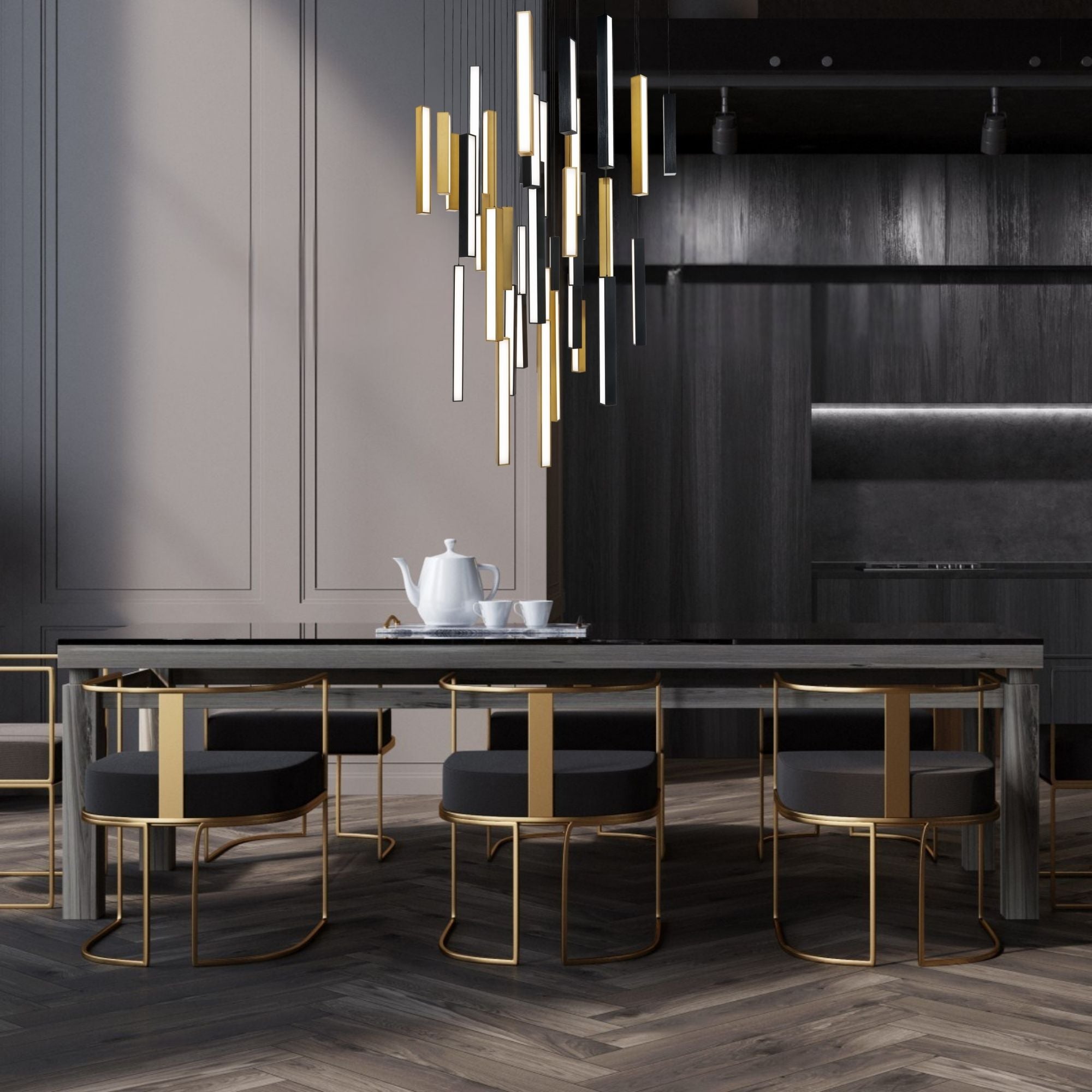 Chaos 36" 41-Light LED Pendant, Black/Aged Brass Finish
