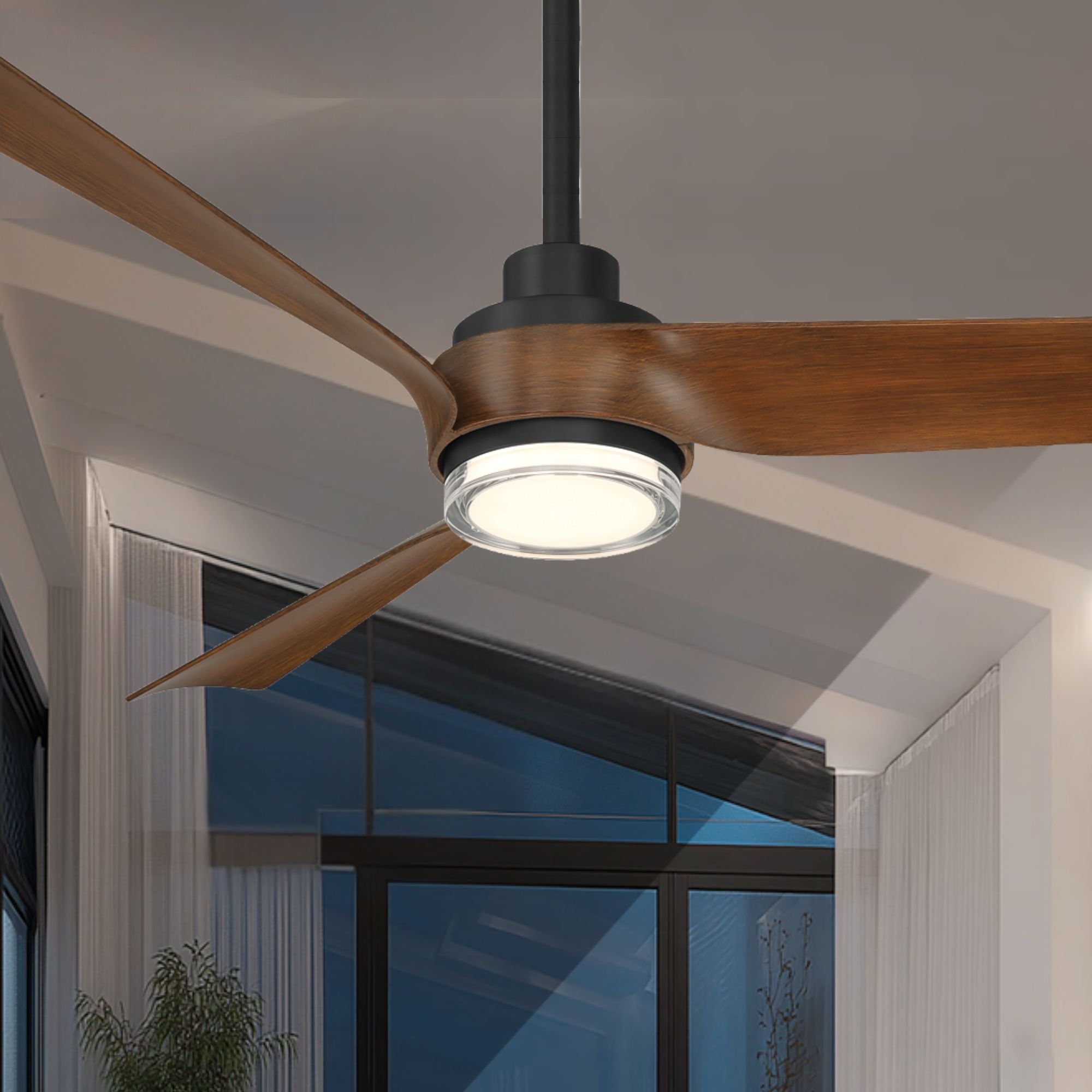 Modern Forms Chill 54" Outdoor Ceiling Fan with LED Light DC Motor, Matte Black/Distressed Koa