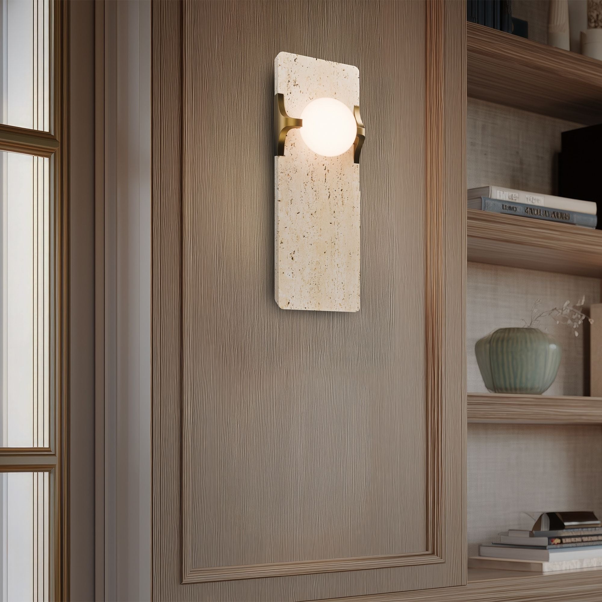 Modern Forms Okemo 14" LED Wall Sconce, 4CCT, Beige Travertine/Aged Brass Finish