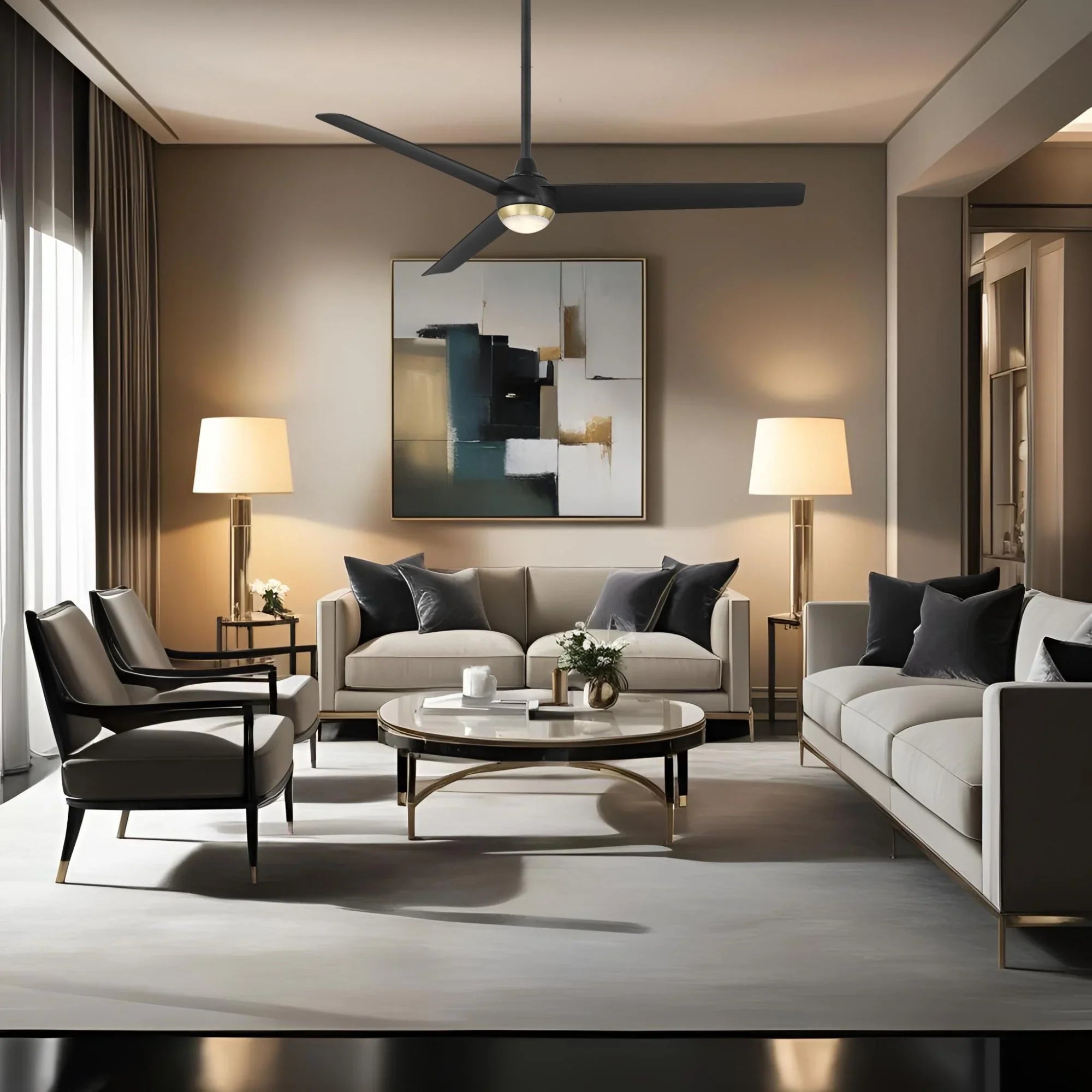 Pisces 54" LED Smart Ceiling Fan with Alabaster Glass, Matte Black & Soft Brass