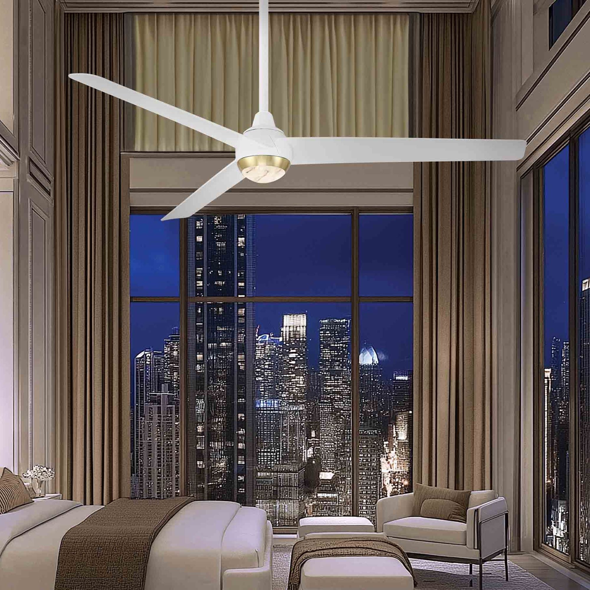 Pisces 54" LED Smart Ceiling Fan with Alabaster Glass, Matte White & Soft Brass