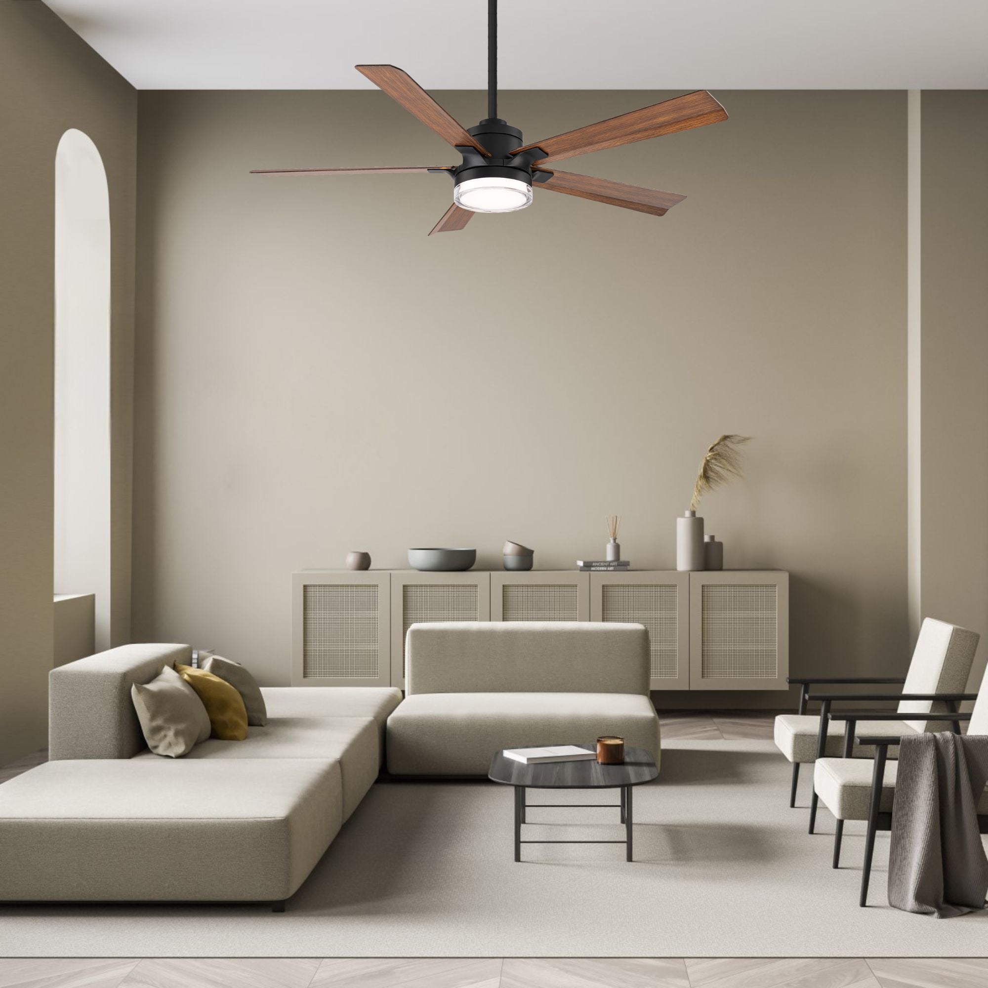 Modern Forms Radiant 56" Smart Ceiling Fan with LED Light DC Motor, Matte Black/Distressed Koa