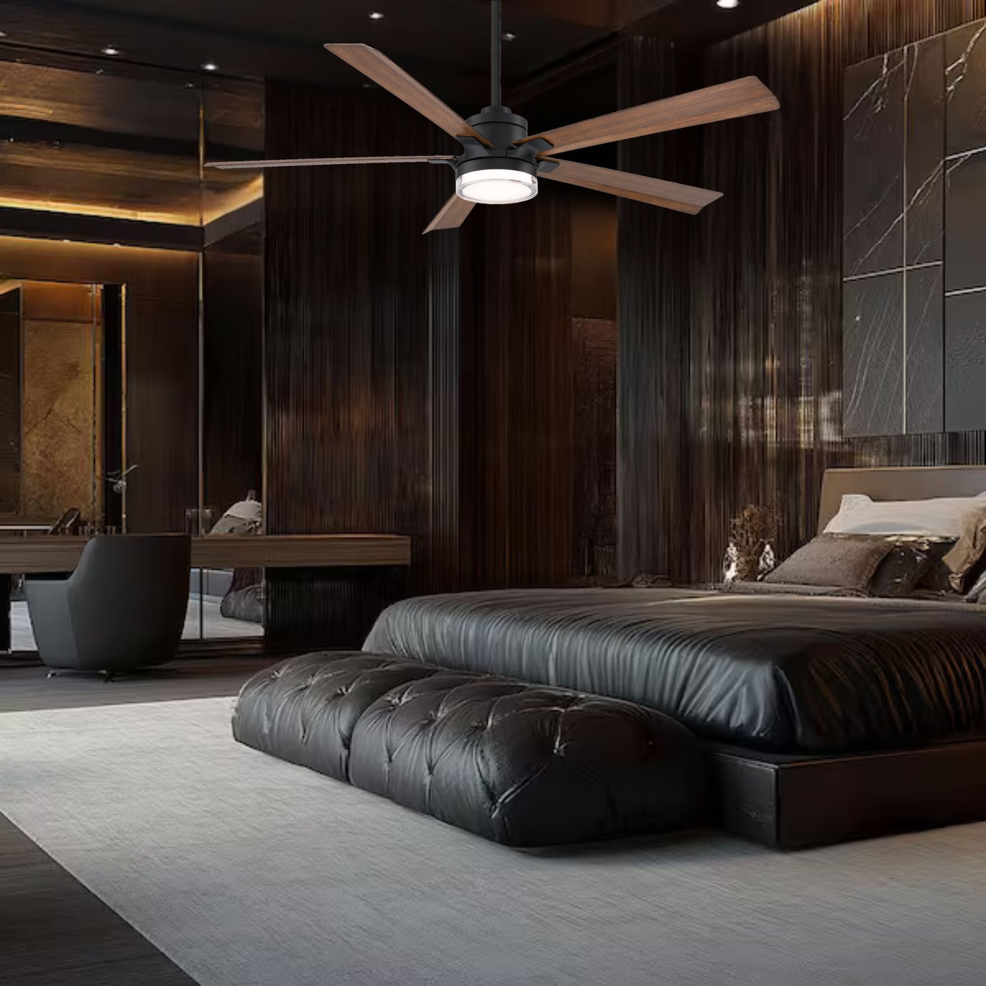 Modern Forms Radiant 64" Smart Ceiling Fan with LED Light DC Motor, Matte Black/Distressed Koa