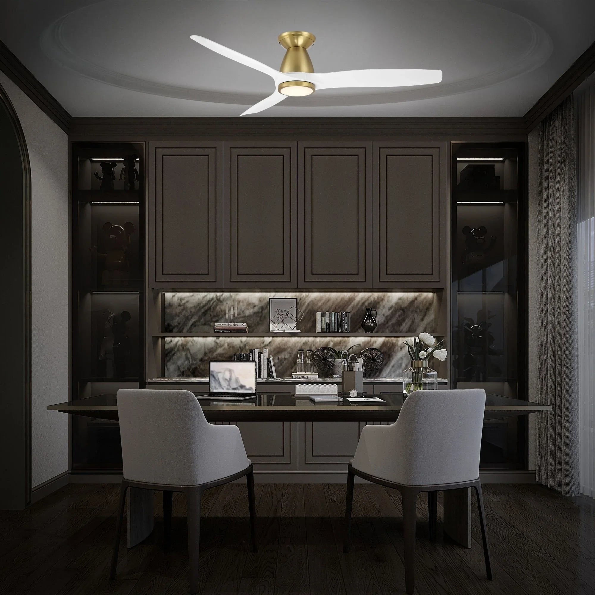 Skylark Flush 54" Brass & White LED Smart Ceiling Fan