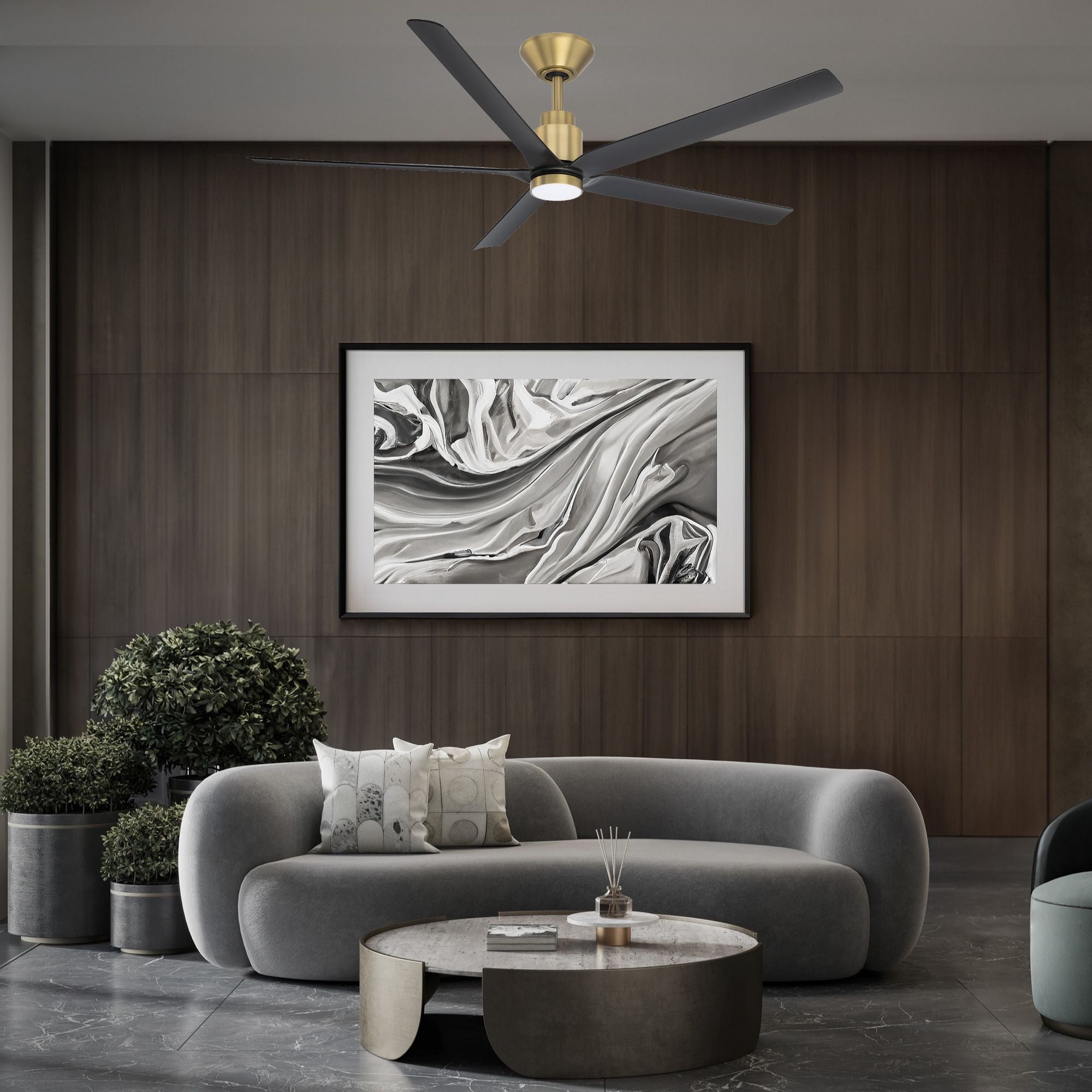 Smooth 5-Blade 56" CCT LED Smart Ceiling Fan, Soft Brass with Matte Black Blades