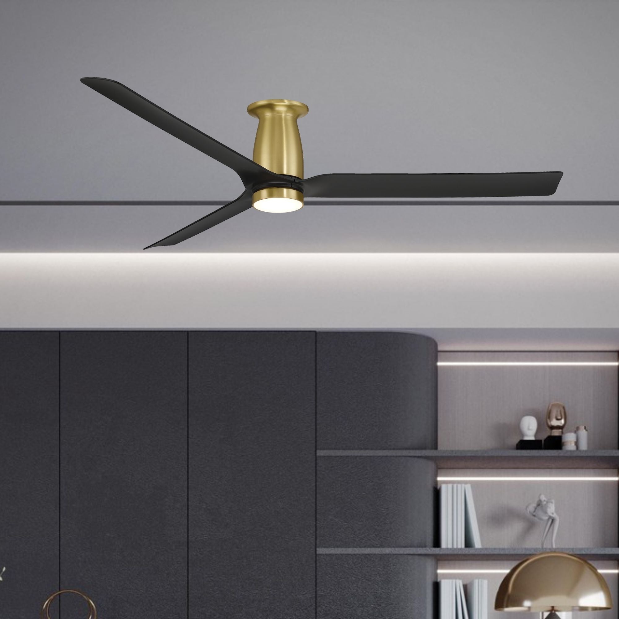 Smooth Flush 52" CCT LED Smart Ceiling Fan, Soft Brass with Matte Black Blades