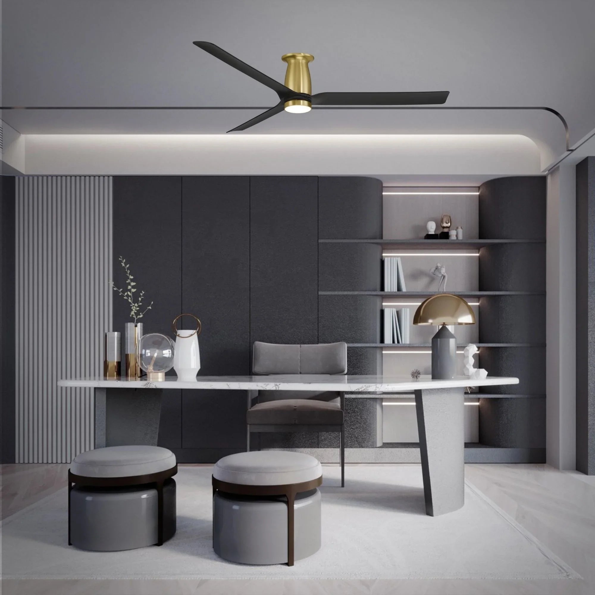 Smooth Flush 52" CCT LED Smart Ceiling Fan, Soft Brass with Matte Black Blades