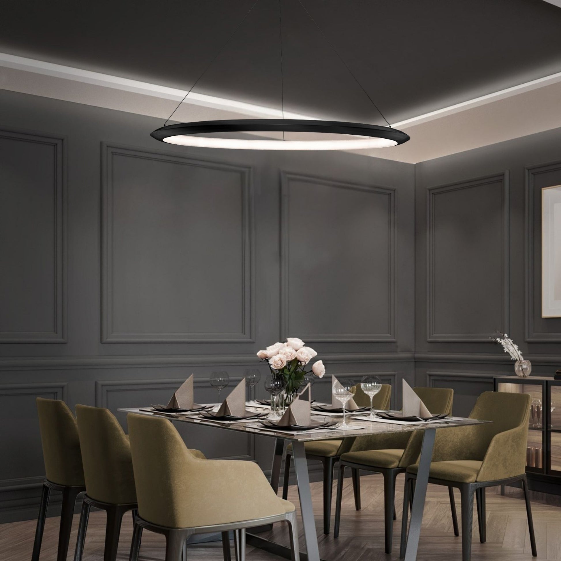 The Ring 48" LED Pendant, 3000K, Black Finish - Bees Lighting