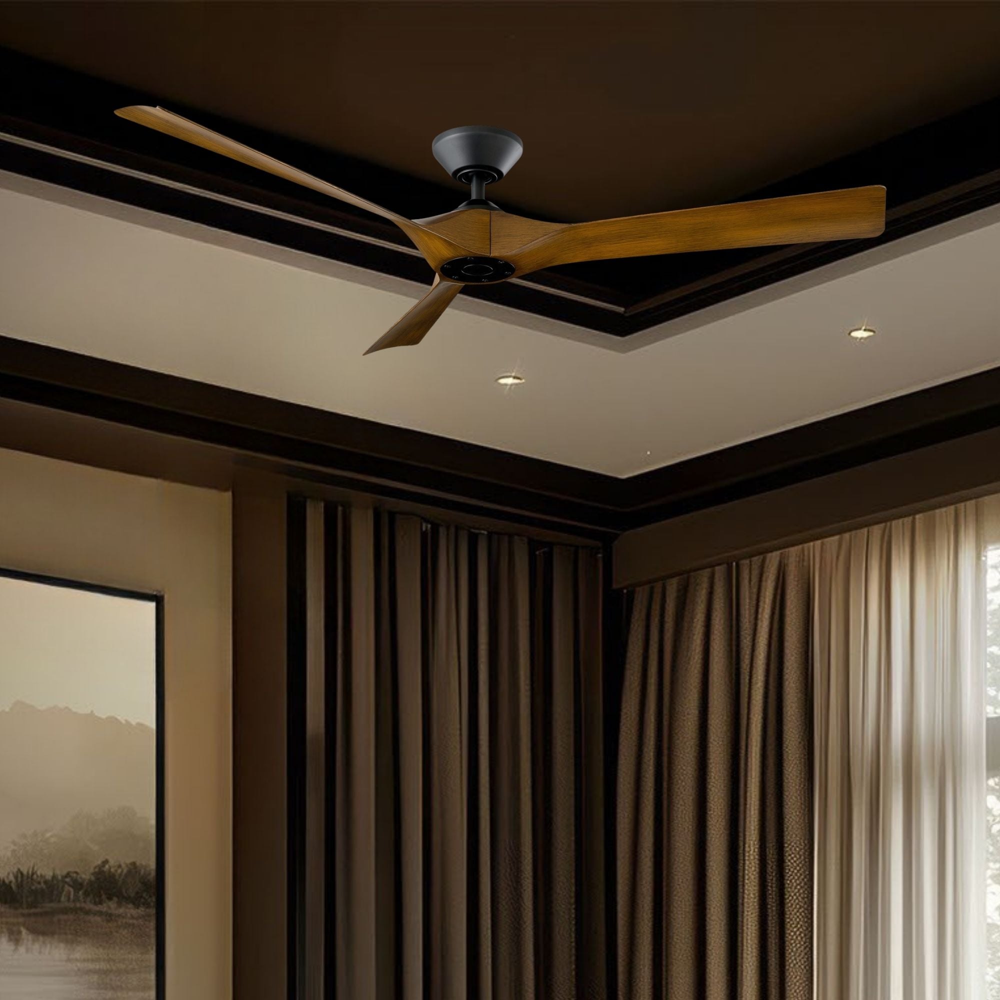 Torque 58" Smart Ceiling Fan, Matte Black with Distressed Koa Blades