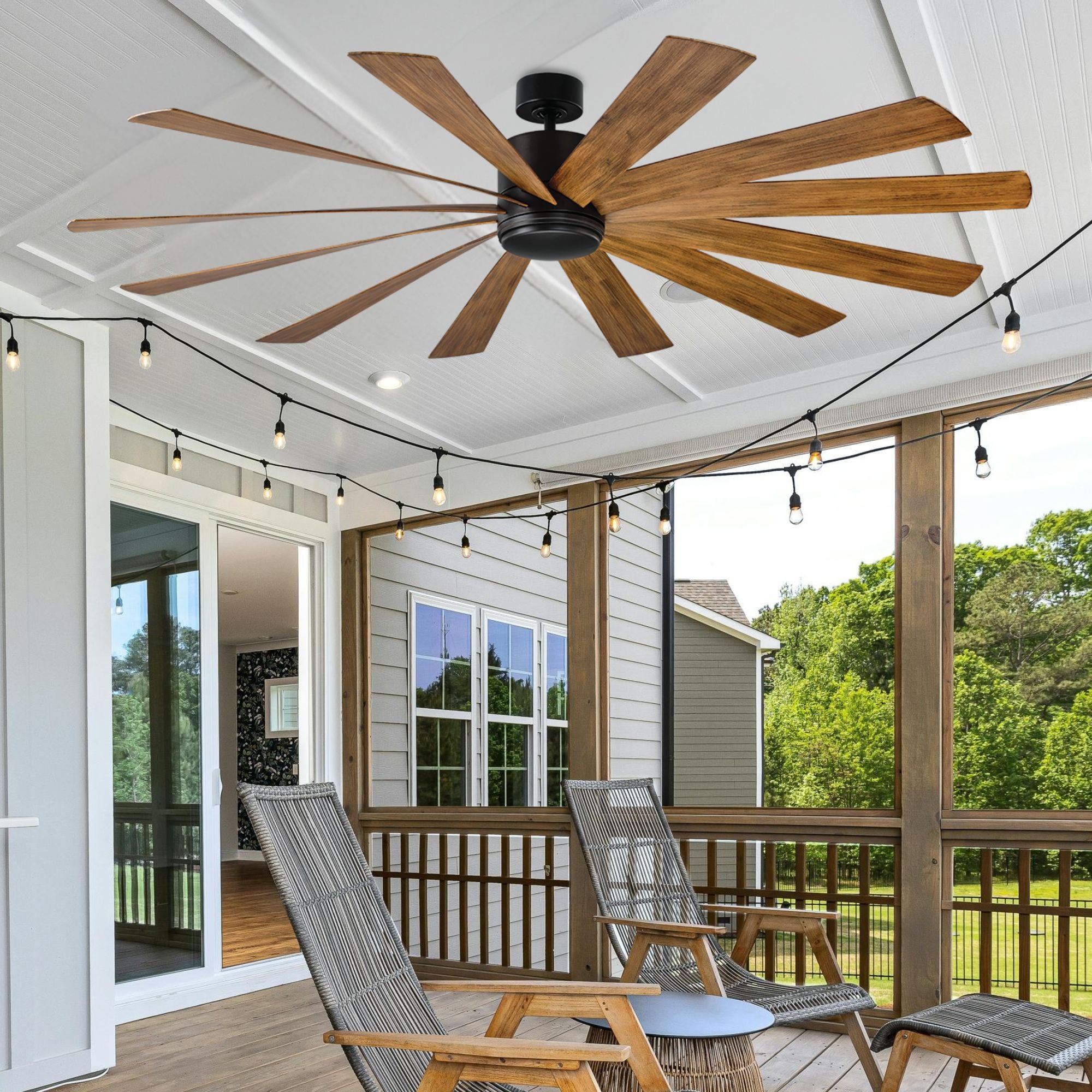 Windflower 80" LED Smart Ceiling Fan, Matte Black with Distressed Koa Blades