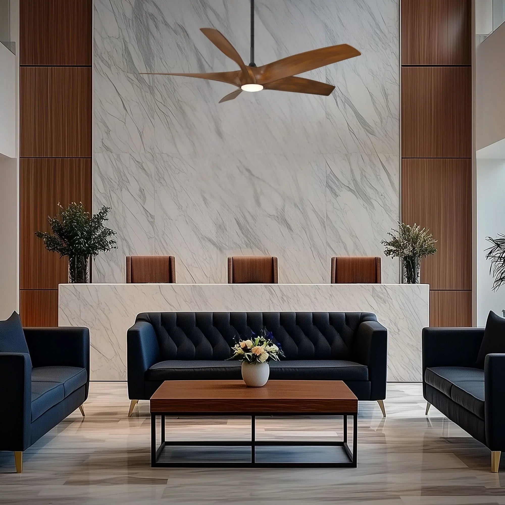 Zephyr 62" 5-Blade Outdoor LED Smart Ceiling Fan, Matte Black with Distressed Koa Blades