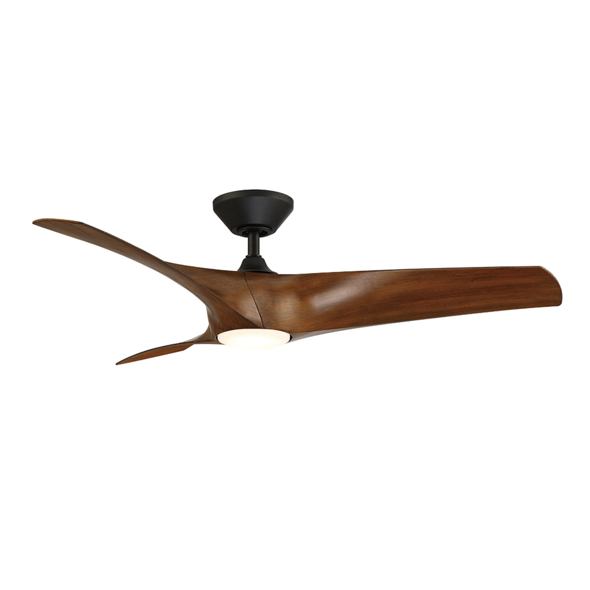 Modern Forms Zephyr 52 in outdoor LED ceiling fan with matte black motor housing and distressed koa wood blades visible from .