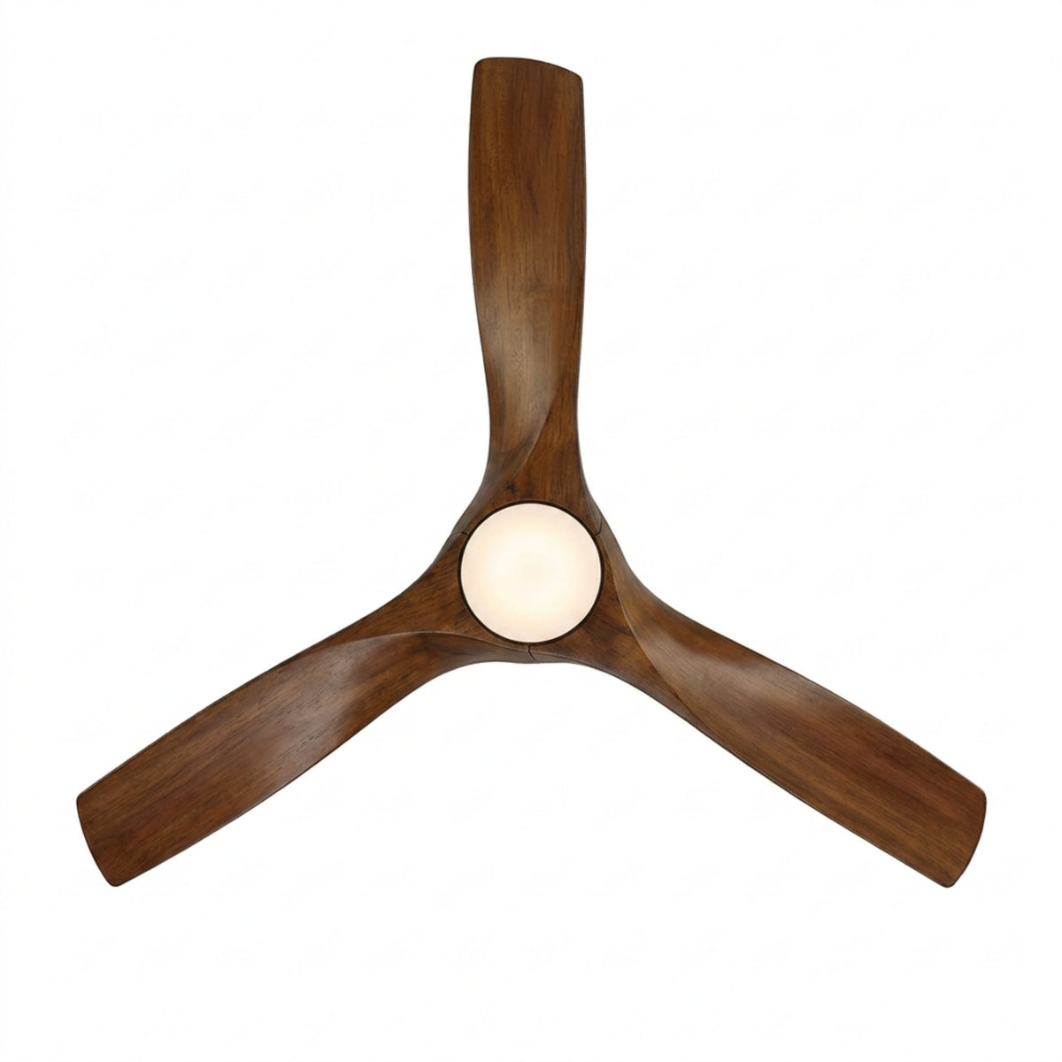 Modern Forms Zephyr 52 in outdoor ceiling fan with matte black mount and distressed koa wood blade finish, side view on.