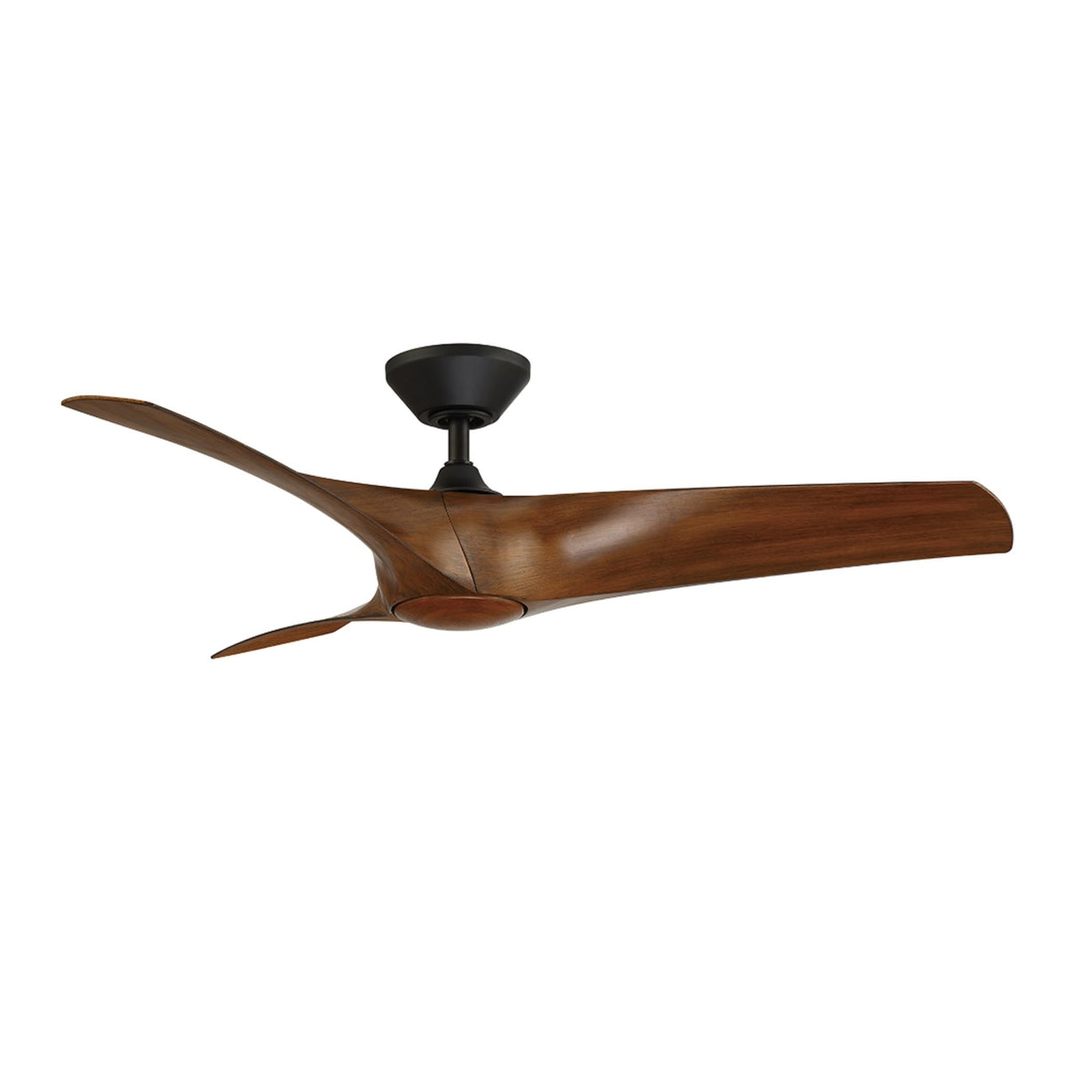 Outdoor ceiling fan with matte black motor and three koa wood blades