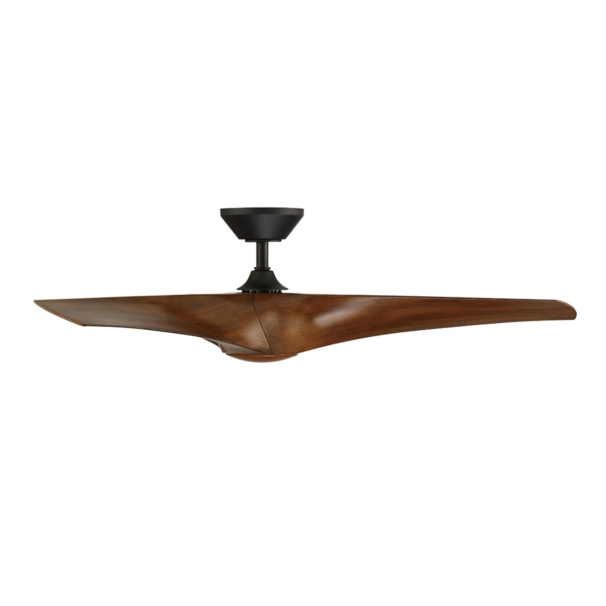 Outdoor ceiling fan, matte black mount and blades, three koa wood fins