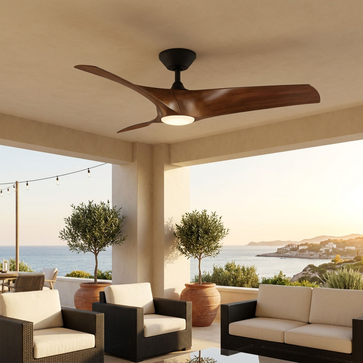 Modern Forms Zephyr 52 in Outdoor LED Ceiling Fan in matte black with distressed koa blades in a warm, neutral living room.