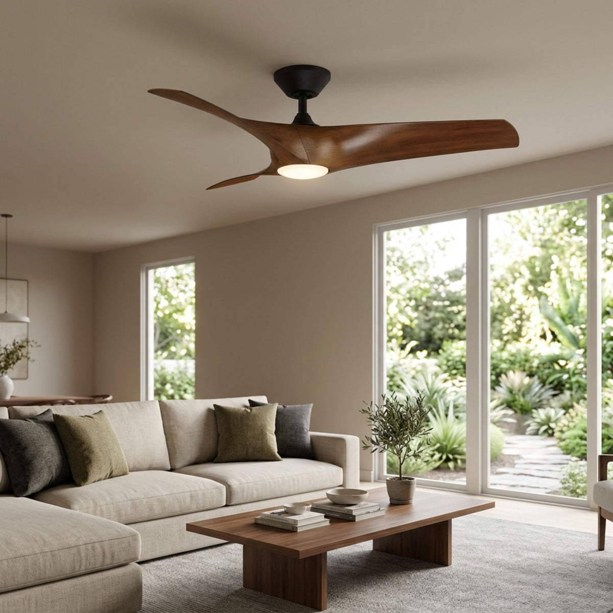Outdoor ceiling fan with matte black motor, koa blades, and integrated light