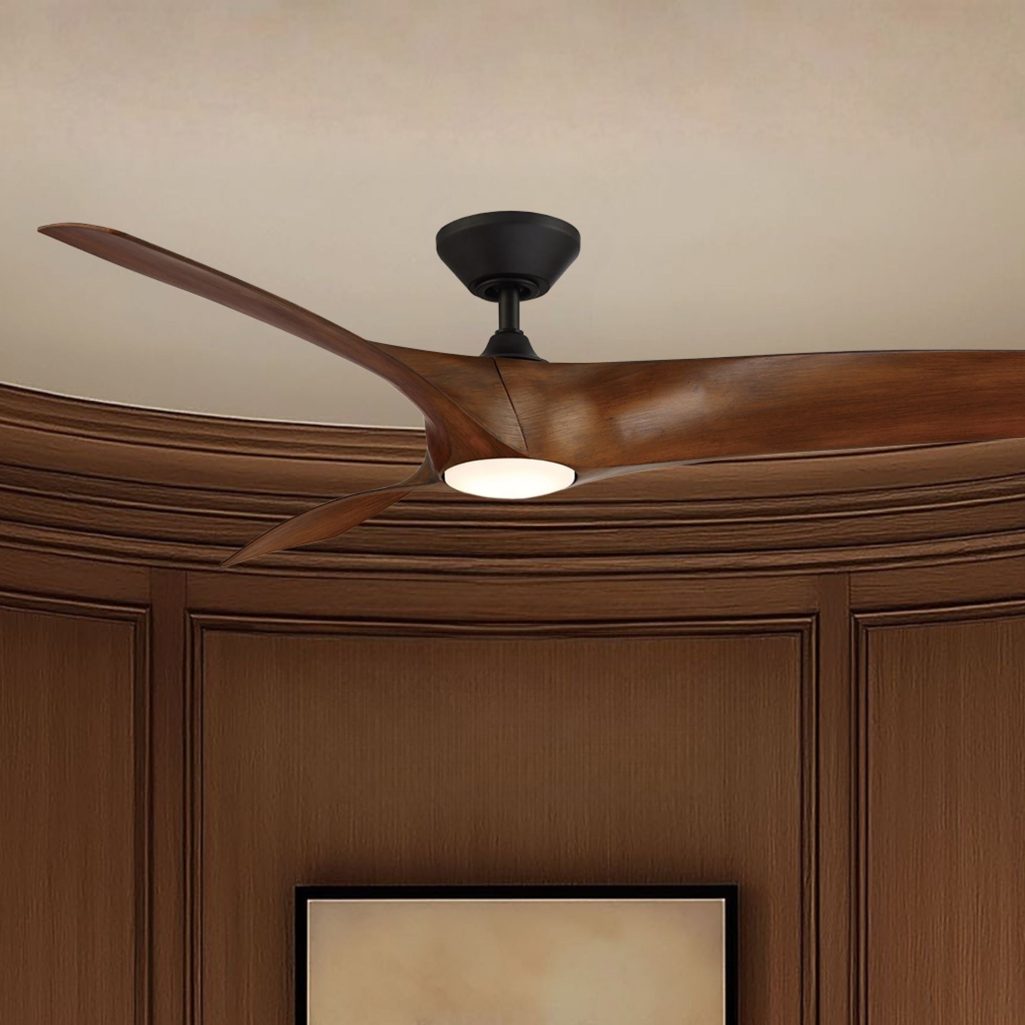 Zephyr 62" Wet Rated LED Smart Ceiling Fan, Matte Black with Distressed Koa Blades