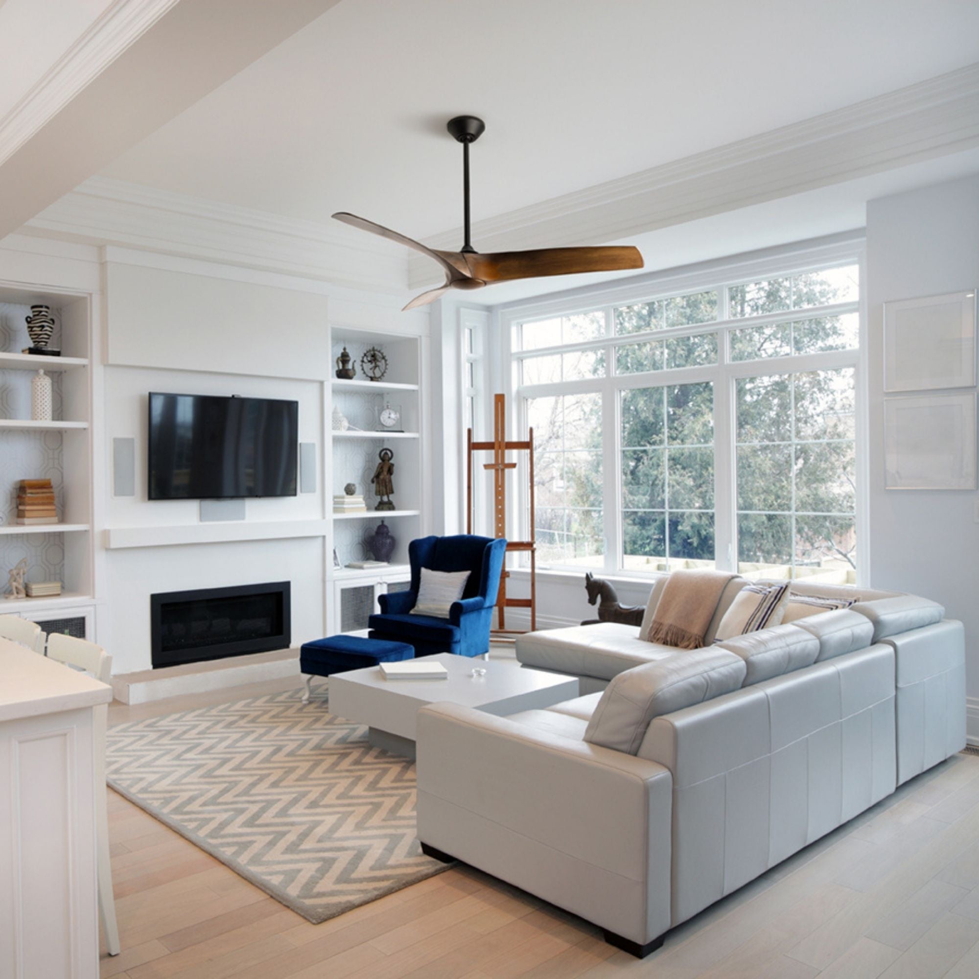 Zephyr 62" Wet Rated LED Smart Ceiling Fan, Matte Black with Distressed Koa Blades