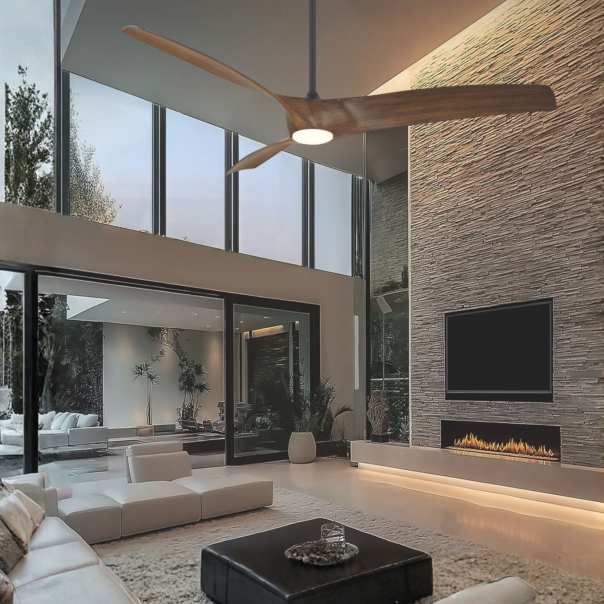 Zephyr 72" Outdoor LED Smart Ceiling Fan, Matte Black with Distressed Koa Blades