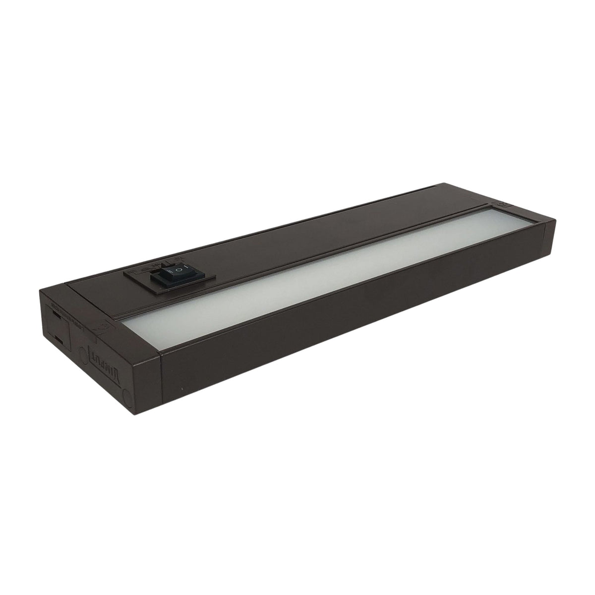 Under-cabinet LED light bar with dark bronze housing, long rectangular design and end caps